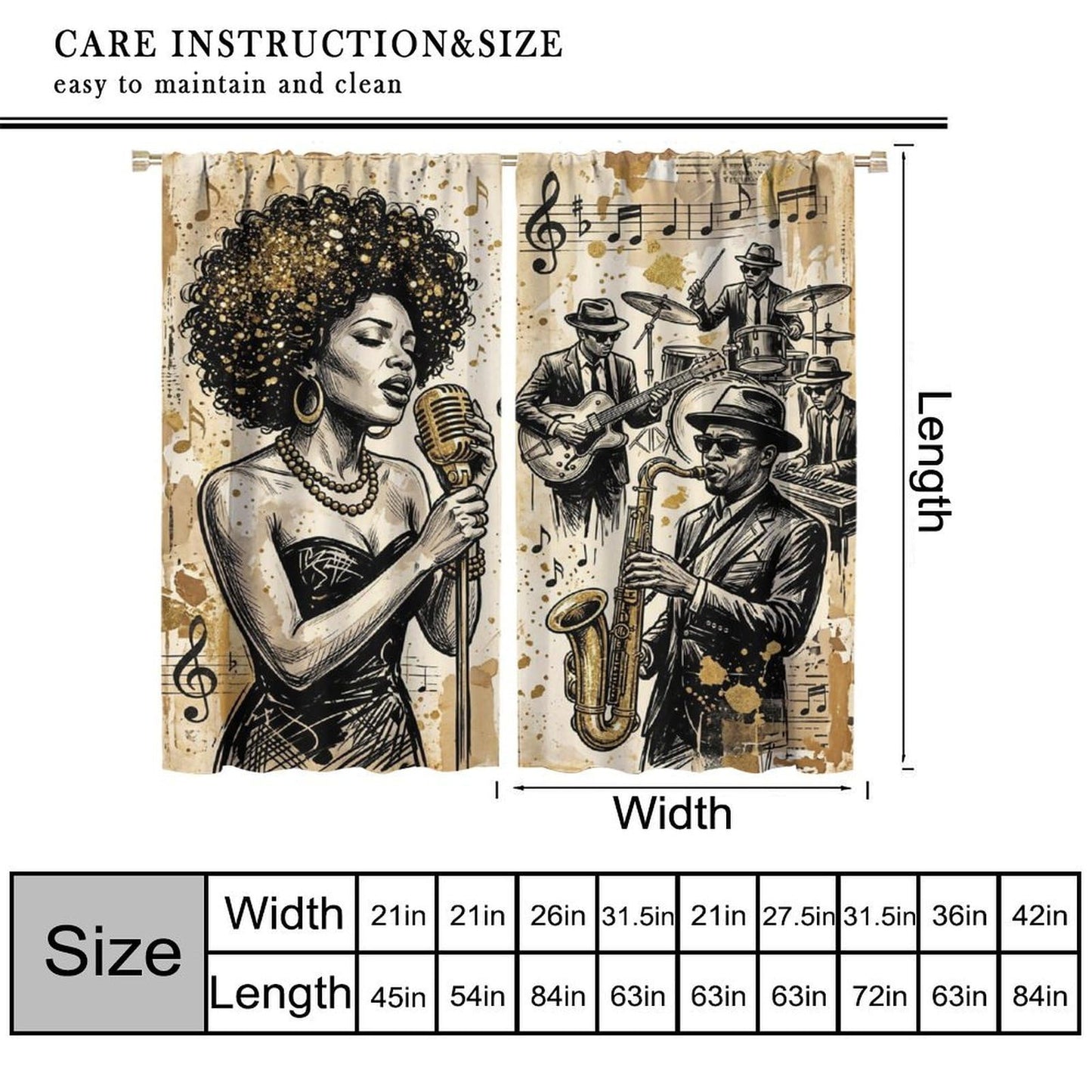 PHTAYOT American Woman Jazz Music Curtains African Black Girl Singing Jazzist Band Black Gold Modern Art Pattern Decor Window Drapes for Bedroom Living Room,2 Panels Set,42x45Inch