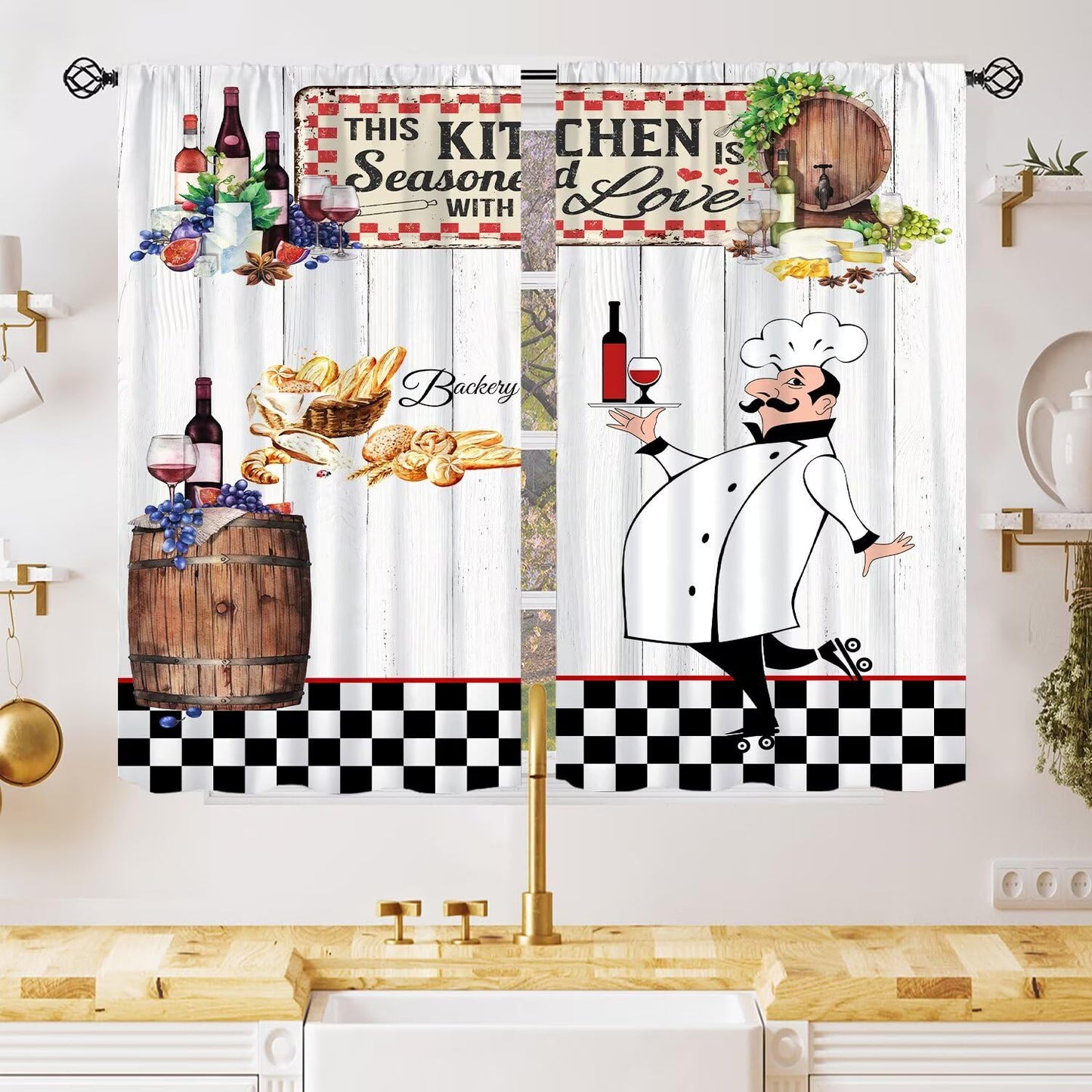 YSWOW Chef Kitchen Curtains, Funny Chef Cook Theme Rustic Farm Black Checkered Art Printed Window Drapes for Bedroom Living Room Decor Fabric Set 2 Panel 27.5x39 Inch 80% Shading Rate