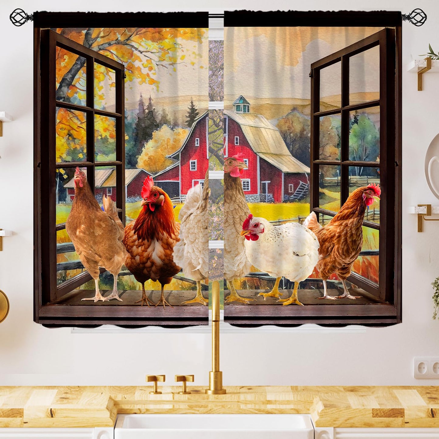 YCness Rooster Kitchen Window Curtains, Farmhouse Country Farm Animal Rustic Chicken Pattern Printed Blackout Small Short Window Drapery Treatments for Living Room Dining Room 2 Panels, 42x45 Inch