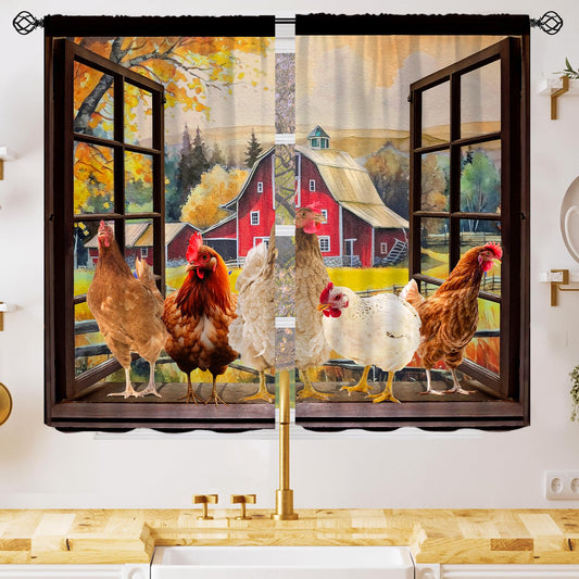 YCness Rooster Kitchen Window Curtains, Farmhouse Country Farm Animal Rustic Chicken Pattern Printed Blackout Small Short Window Drapery Treatments for Living Room Dining Room 2 Panels, 42x45 Inch
