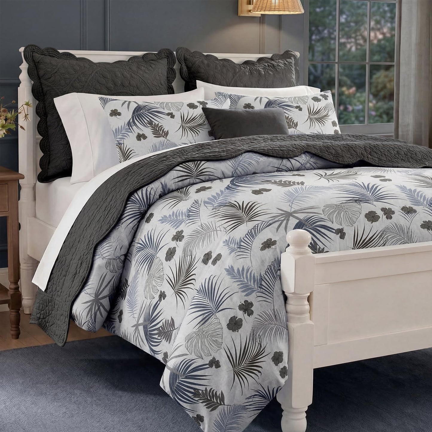 Bedorm 100% Cotton Duvet Cover Set Queen Vintage Floral Bedding Set Gray Blue Palm Tree Leaf Botanical Print Soft & Durable Duvet Cover with Zipper Closure