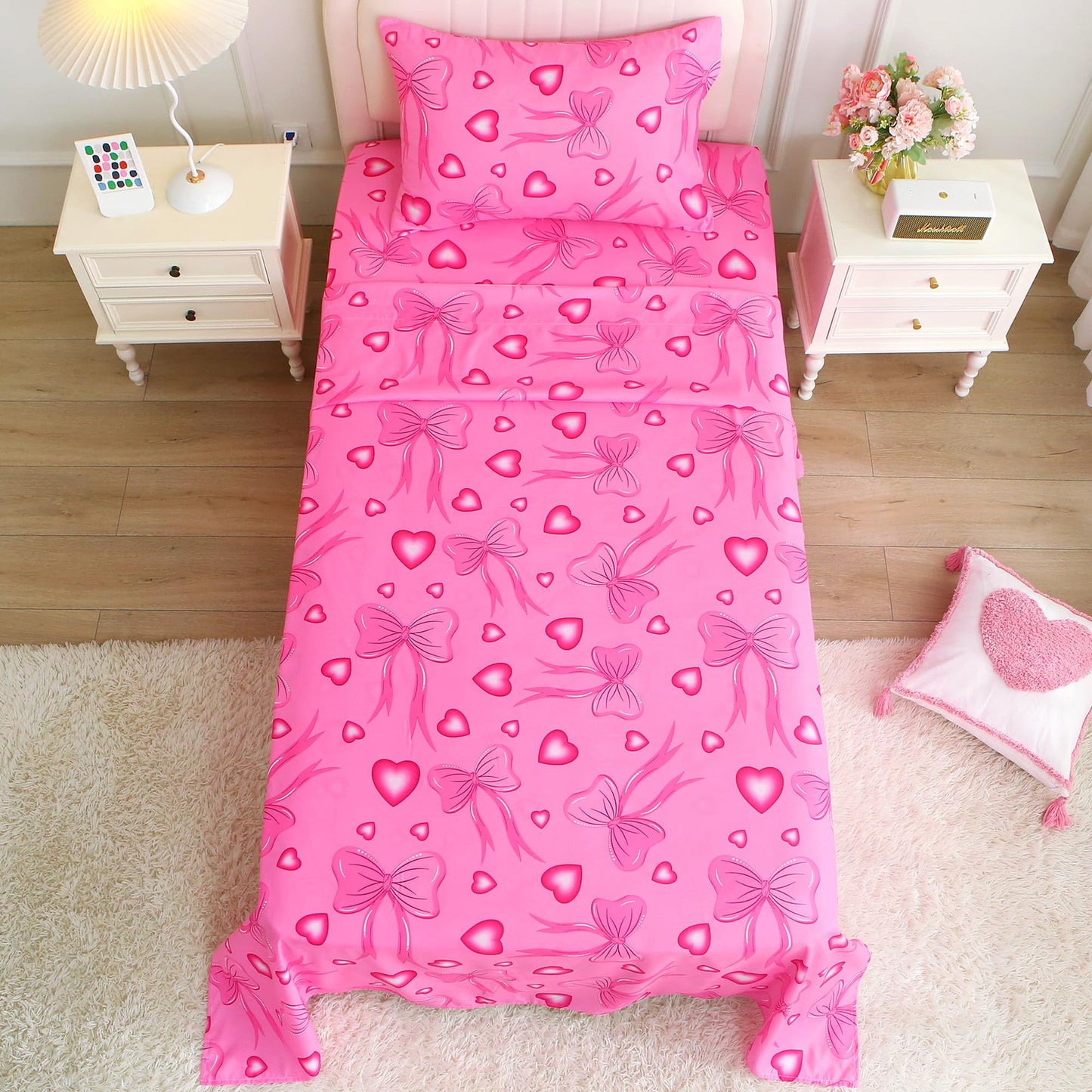 Softan Kids Twin Sheets Set, 3 Piece Heart Bow Bedding Set for Girls, Soft Breathable Microfiber with 15" Deep Pocket, Fitted Flat Sheet & Pillowcase