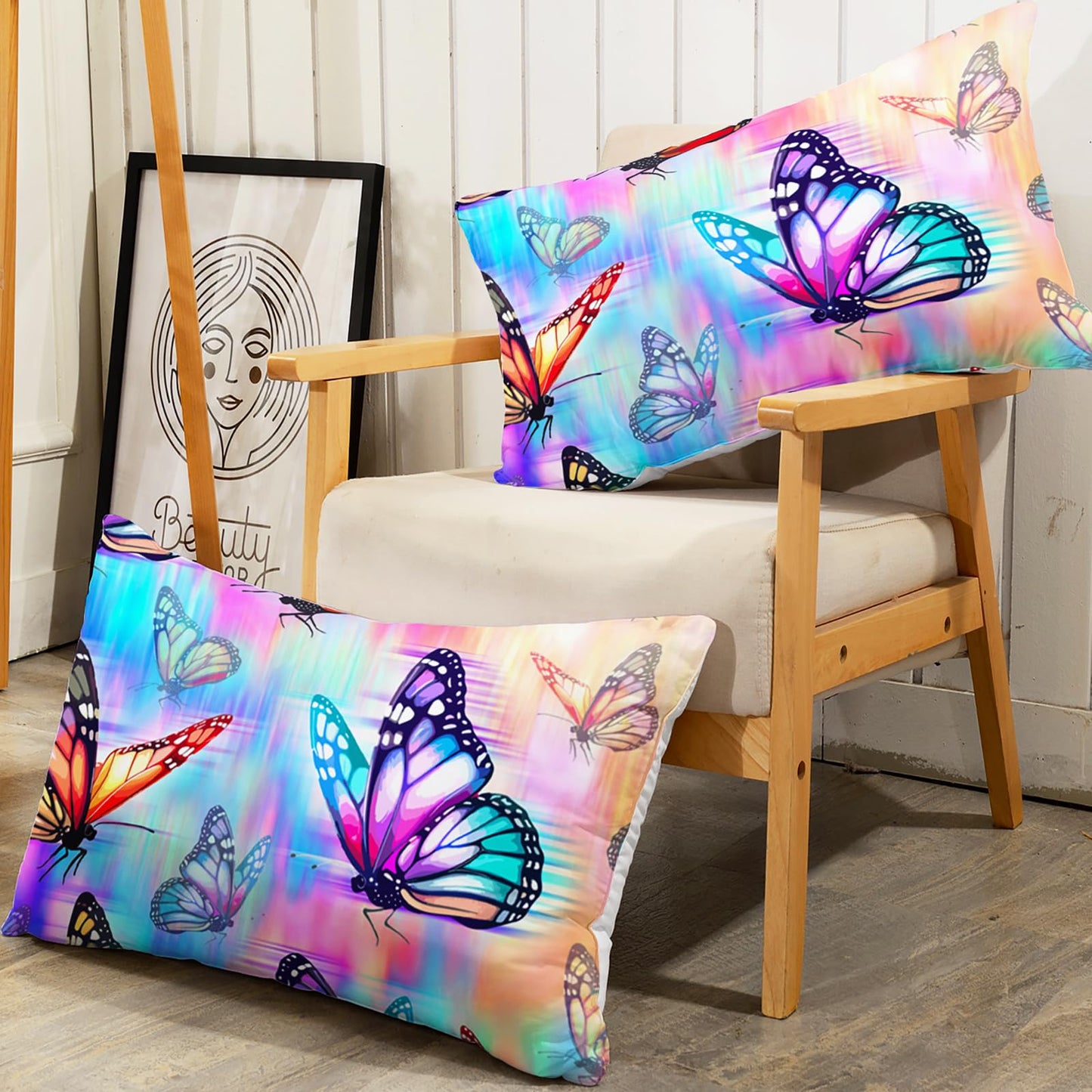 AILONEN 3D Butterfly Queen Bedding Set for Kids Teens Girls,Colorful Butterflies Fitted Sheet Set for All Season,Pink Blue Gradient Bed Sheet + 2 Pillowcases,3Pcs