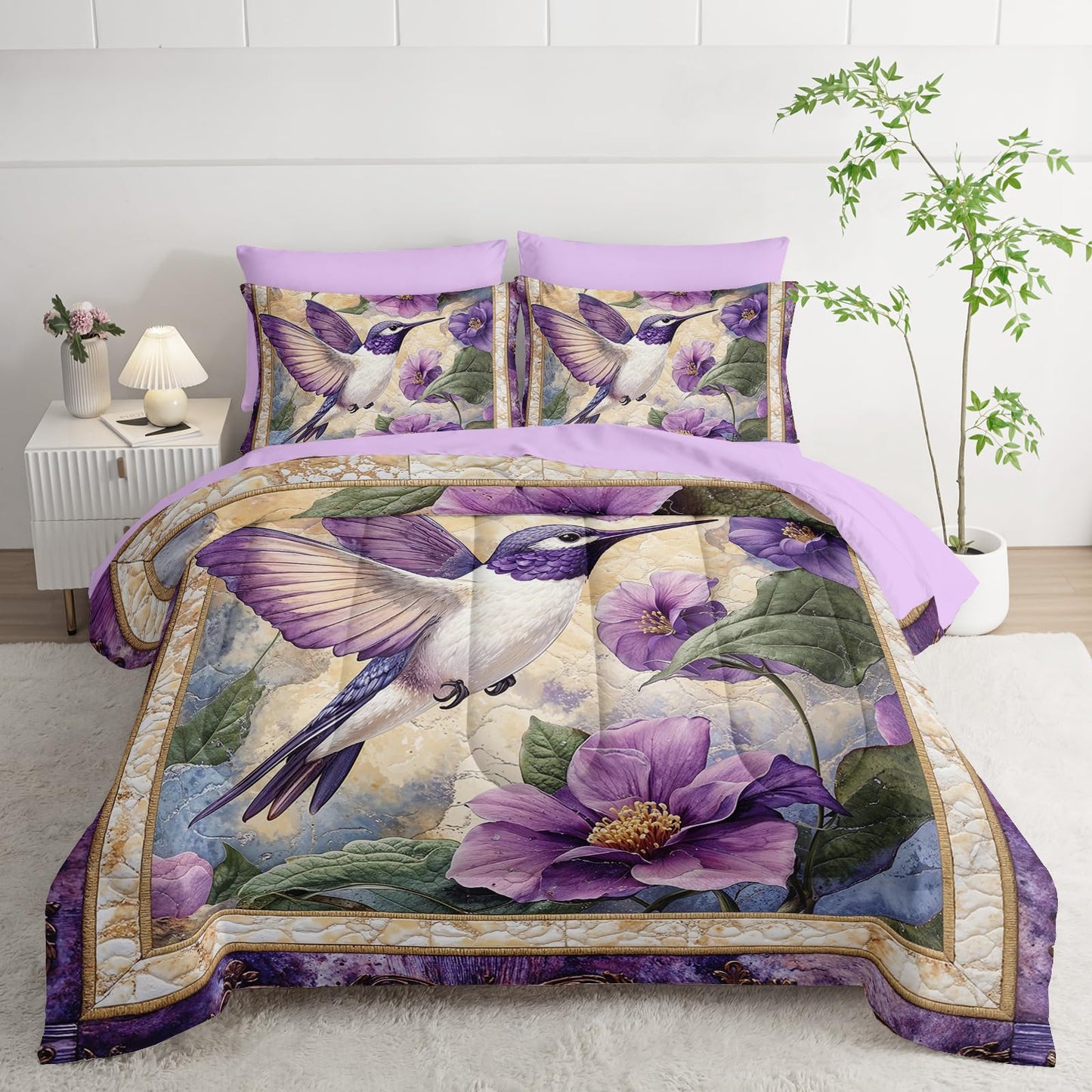 AILONEN Beautiful Hummingbird Bed in a Bag Queen Size - Purple Flower Bird Theme - 3Pcs Soft Microfiber Boho Comforter for Girls Women - (Sheets,Pillowcases)