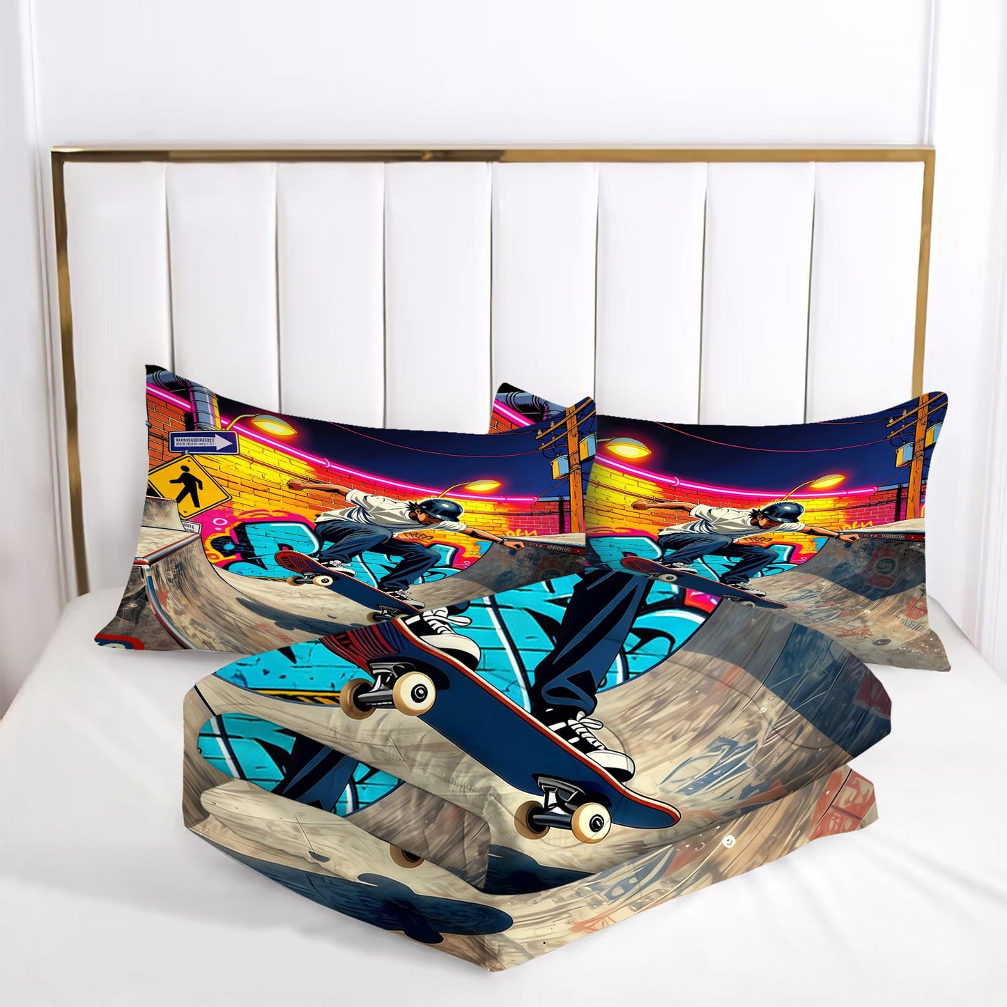 VTKON Skateboard Comforter Set for Teens Queen 3Pcs with 1 Comforter and 2 Pillowcases Cool Graffiti Bedding Set Boys Sports Themed Bed Sets Microfiber for All Season