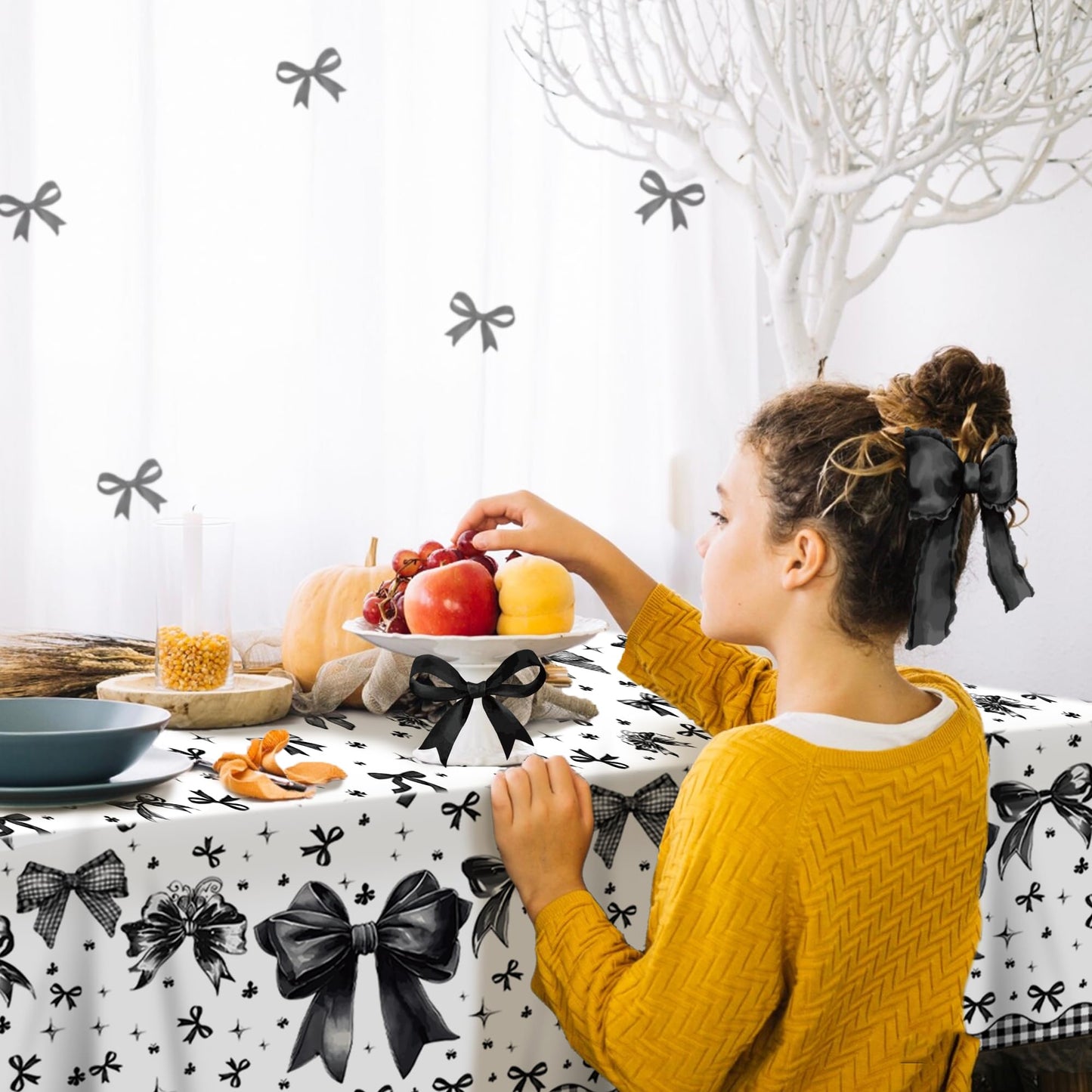 CC HOME 1Pc Black Bowknot Party Plastic Tablecloth 54 x 87 Inch Long Table Cover, Bow Tie Party Tablecover for Dark Style Theme Kids Baby Shower Birthday Dinner Picnic Kitchen Event