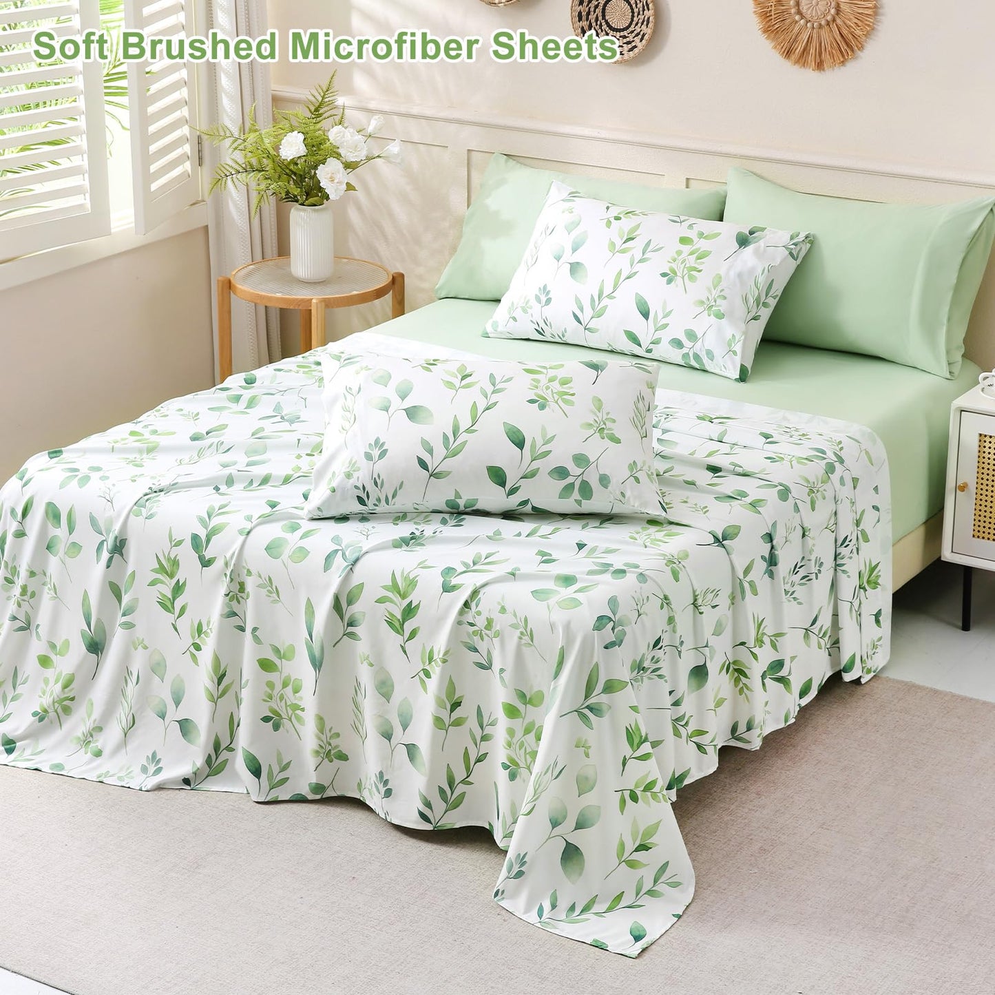 Botanical 6-Piece Full Size Sheets Set, Boho Floral Print Brushed Microfiber Sheets, Cooling Bed Sheet Set, Ultra Soft & Breathable, 16' Deep Pocket Fitted Sheet & Pillowcase Set, Sage Green Leaves