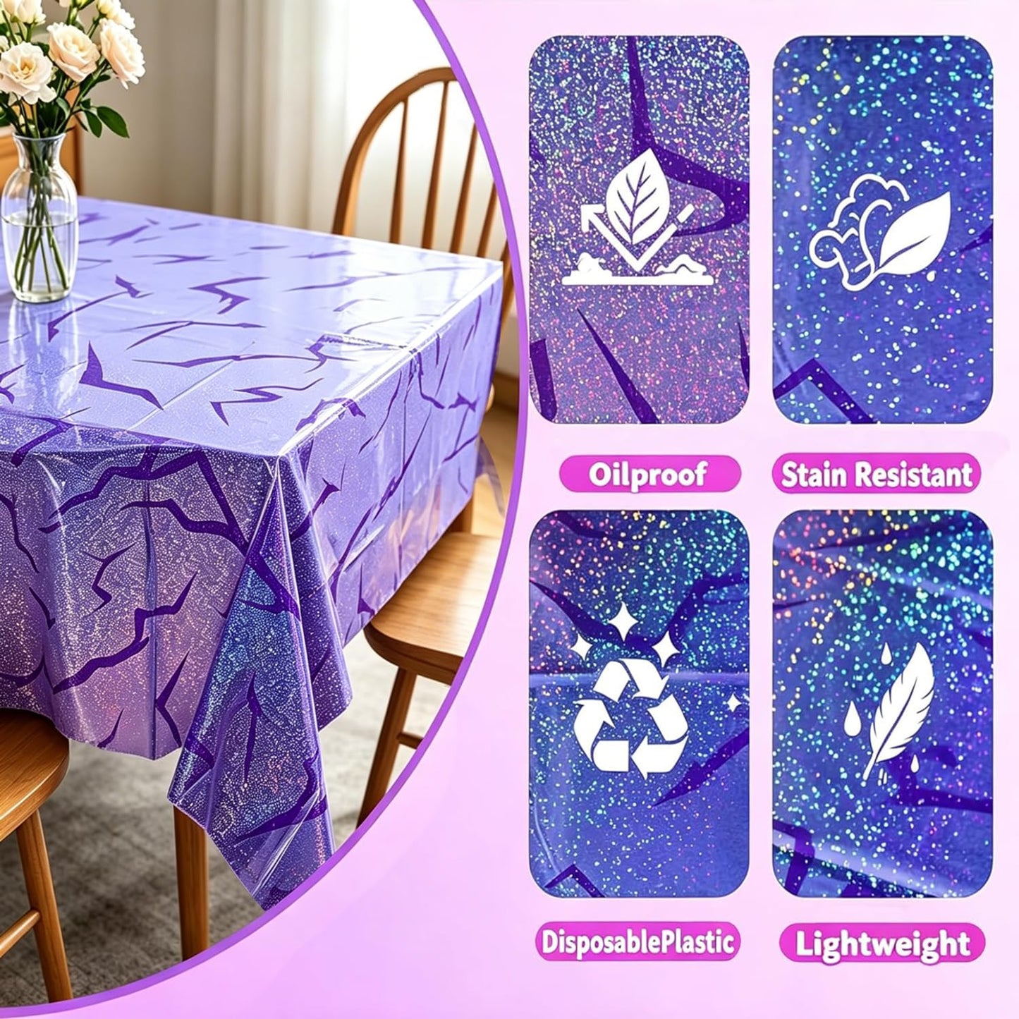 3pcs Music Tablecloths Birthday Party Decorations Music Disposable Plastic Sparkling Holographic Laser Table Cloth Rectangle Table Covers Party Supplies for Kids Girls Birthday Decor 54 * 108inch