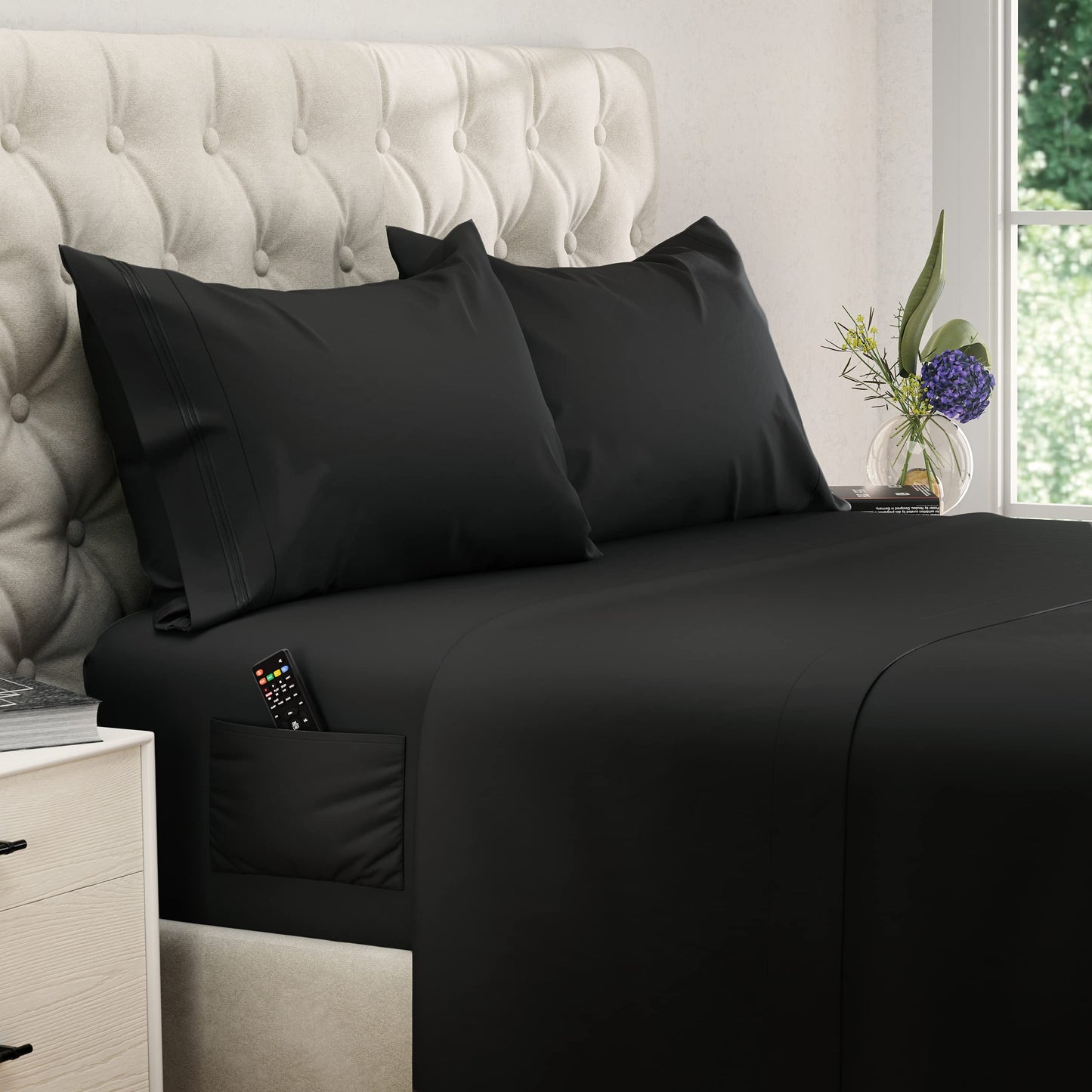 DREAMCARE King Size Sheets Set - 4 pcs Breathable Cooling Sheets - up to 15" Deep Pocket King Sheet Set with Side Pockets - Extra Soft 100% Brushed Hypoallergenic Hotel Luxury Bedding Black