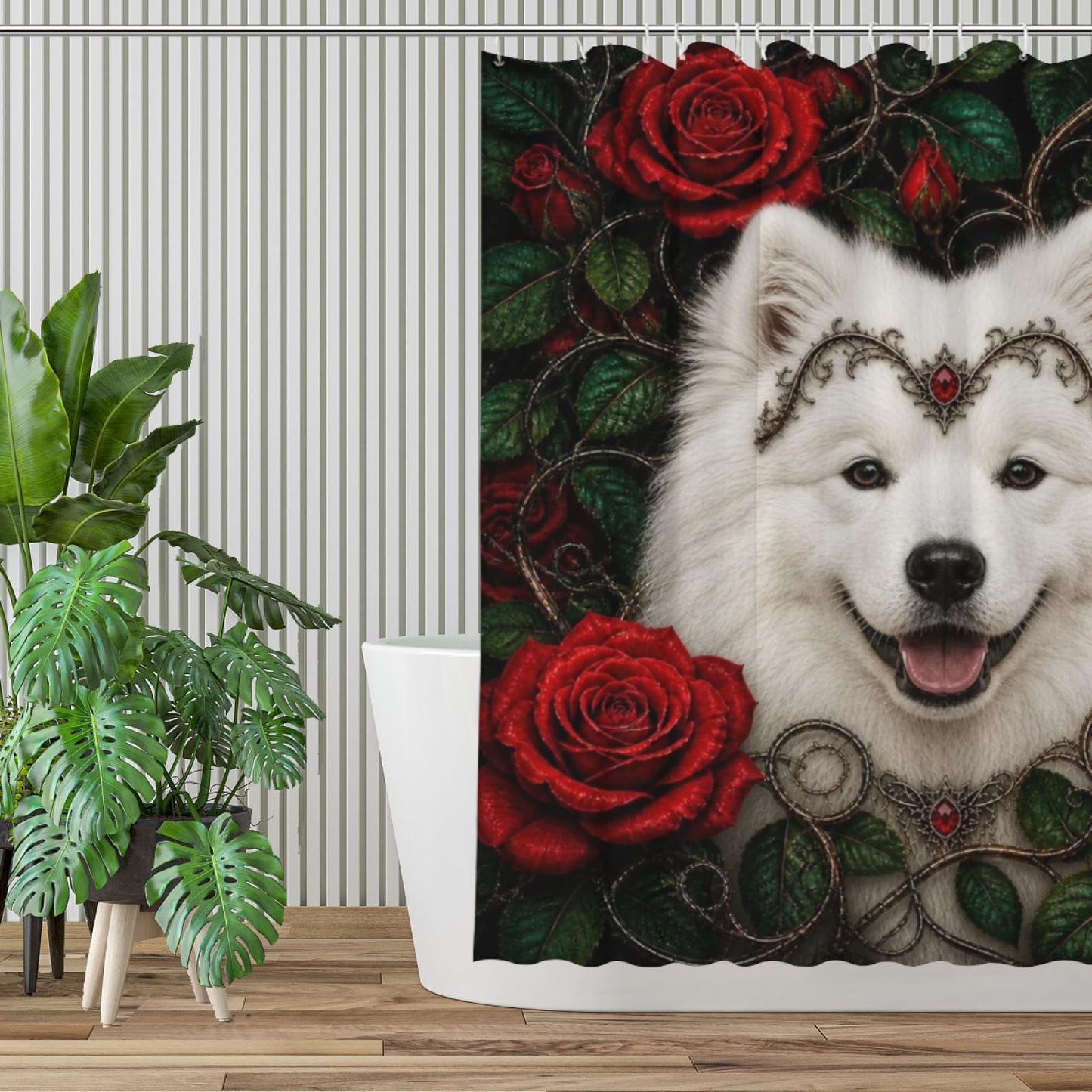 Wordatu Spring Summer Samoyed Red Rose Shower Curtain, Bathroom Decor Fabric Polyester Waterproof 12 Hooks 72Wx72H Inch for Bathtub and Bathroom