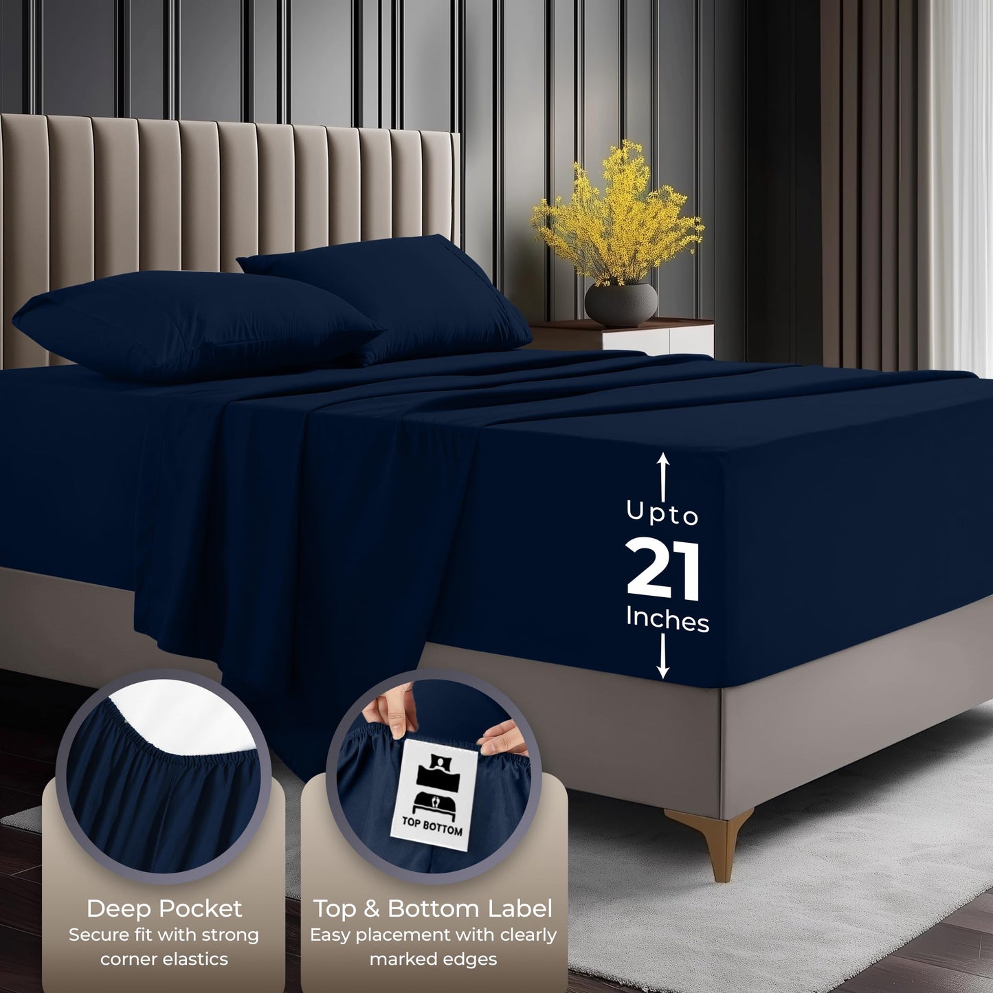 Utopia Bedding King Size Extra Deep Pocket Sheet Set – Fits Mattresses Up to 21 inches – Cooling, Soft & Breathable – Oeko-Tex 4 Piece Bed Sheets (Navy)