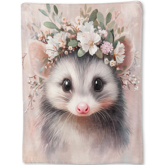 ainori Cute Possum Blanket - Adorable Sweet Opossum Flower Crown Fleece Throw,Gifts for Kids Adult, Soft & Warm,Lightweight, for Modern Decor,Animal Lovers, and Room Home Accents 50x60in