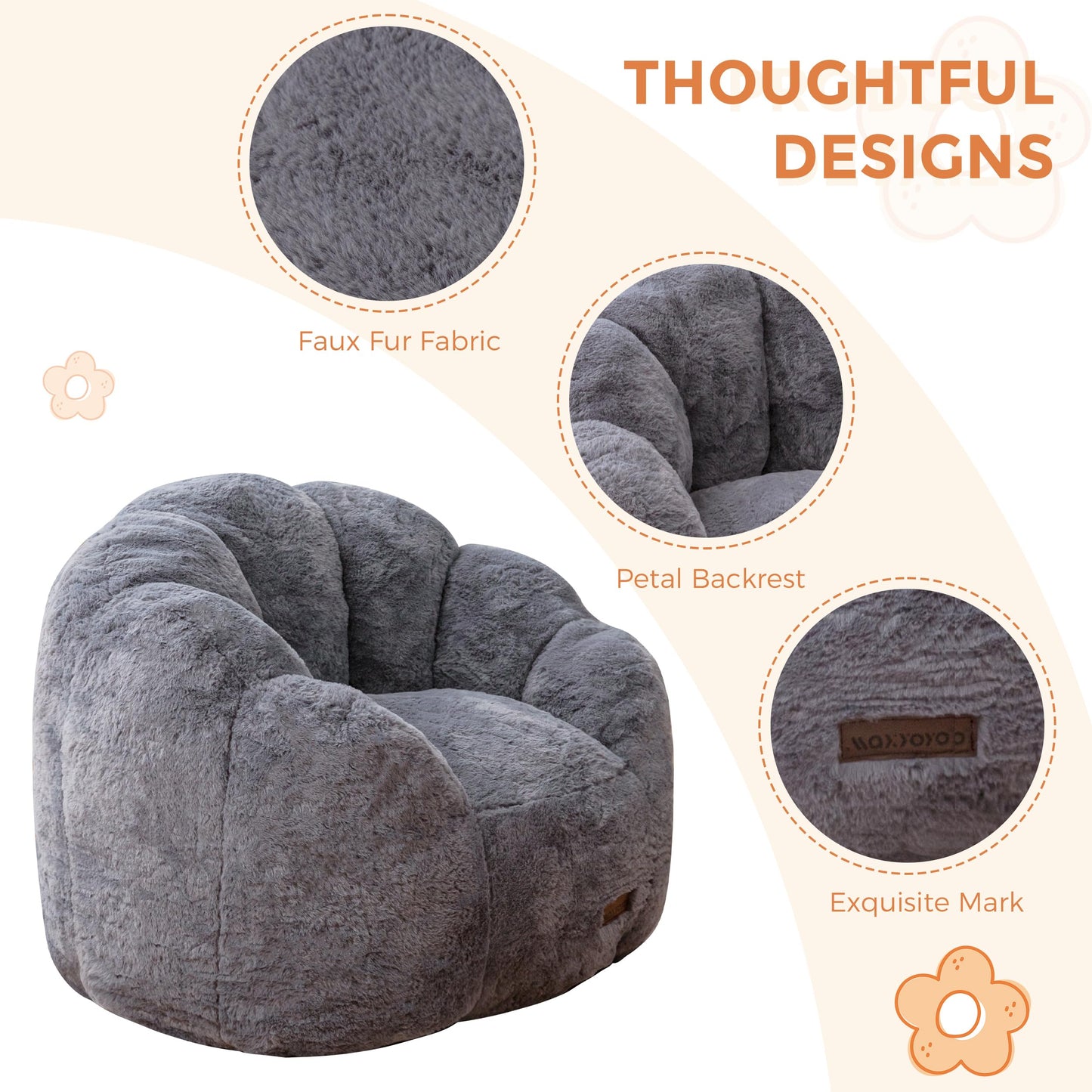 MAXYOYO Kids Bean Bag Chair, Floral Shaped Bean Bag Sofa, Plush Faux Fur Toddler Couch with Petal Backrest for Boys Girls, Stuffed Cozy Sofa for Nursery, Bedroom, Grey