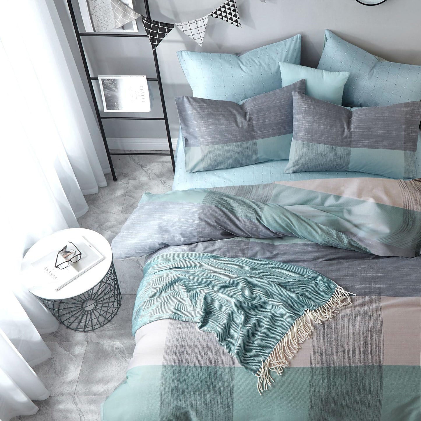 VM VOUGEMARKET Blue Patchwork Duvet Cover Set Queen Multi-Dimensional Design Modern Bedding Set Plaid Mint Green with Stripes Soft Cotton Comforter Cover with Zipper Closure-No Filling