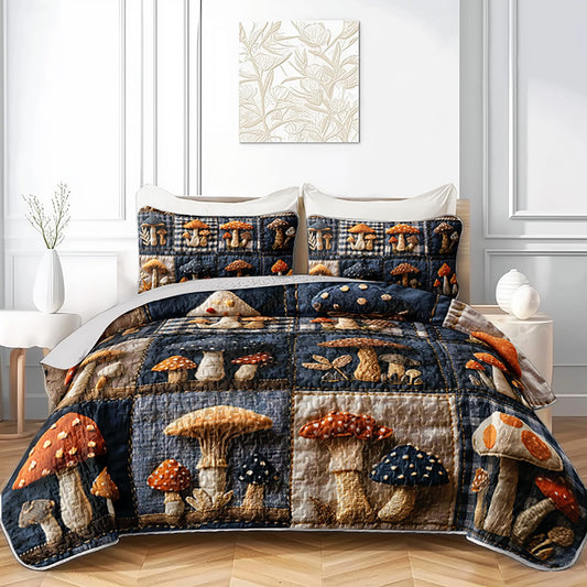 XYNHML Colorful Mushroom Print Quilts Bedding Full 3Pcs Natural Fungal Plant Quilt Bed Set Patchwork Plaid Lightweight Soft Bedspread Coverlet with 2 Pillowcases for Kid Boy Girl Teen Adult Bed Decor