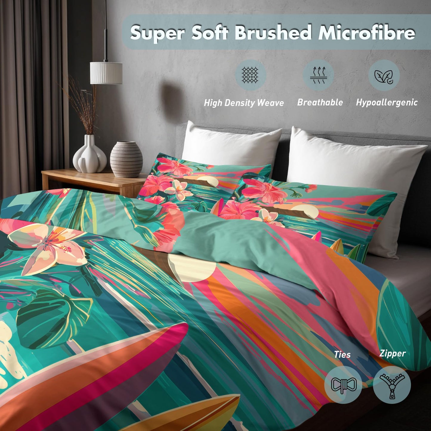Tropical Beach Full Duvet Cover Set 3 Piece, Hawaiian Hibiscus Surfboard Reversible Bedding with 2 Pillow Shams, Zipper & Ties, Ultra Soft Microfiber, Tropical Bedroom Decorations 29A-W