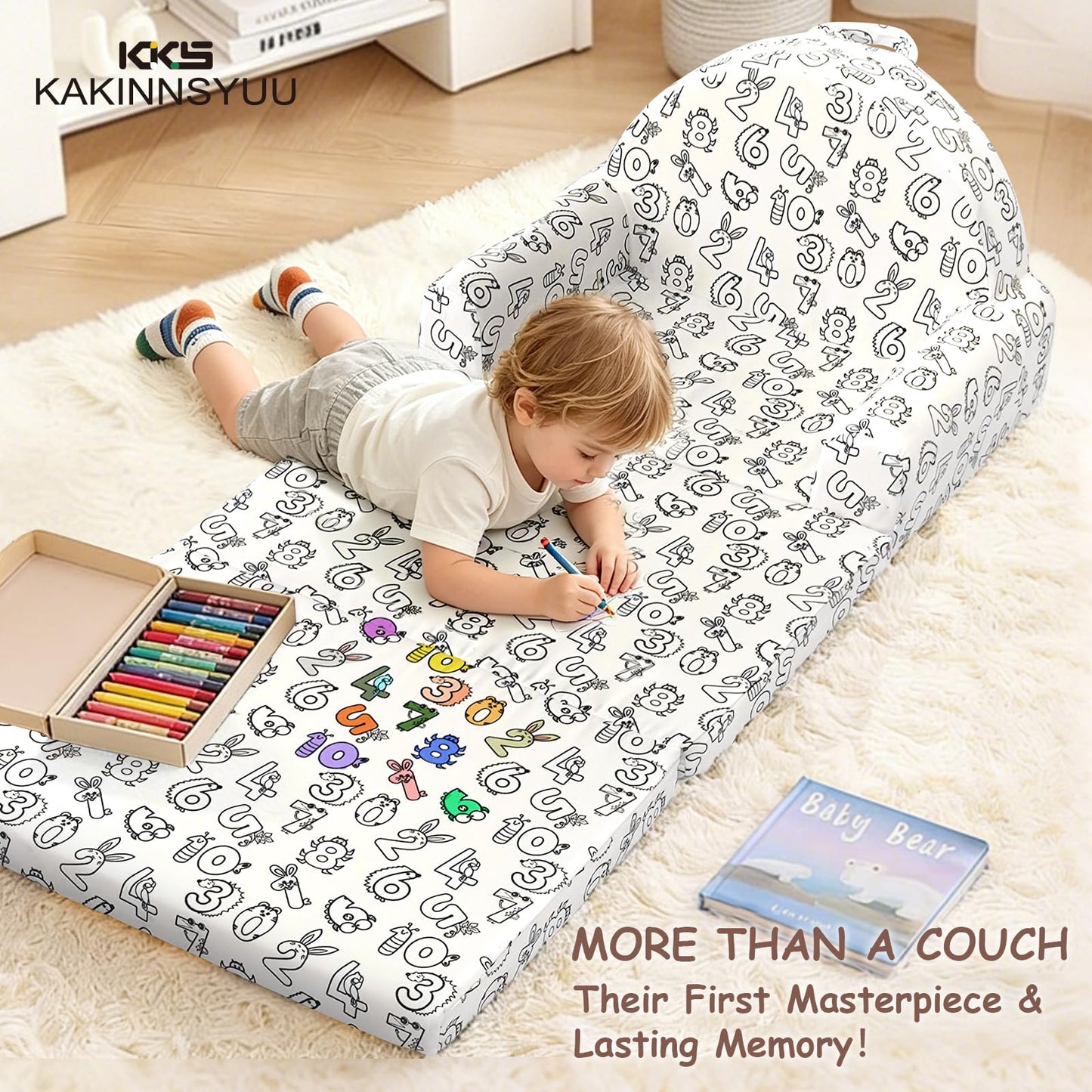 KKS KAKINNSYUU Toddler Chair & Couch, Kids Sofa 2-in-1 with Draw-On Fabric, Fold Out Convertible Foam Lounge for Playroom, Gift for Toddlers & Birthday