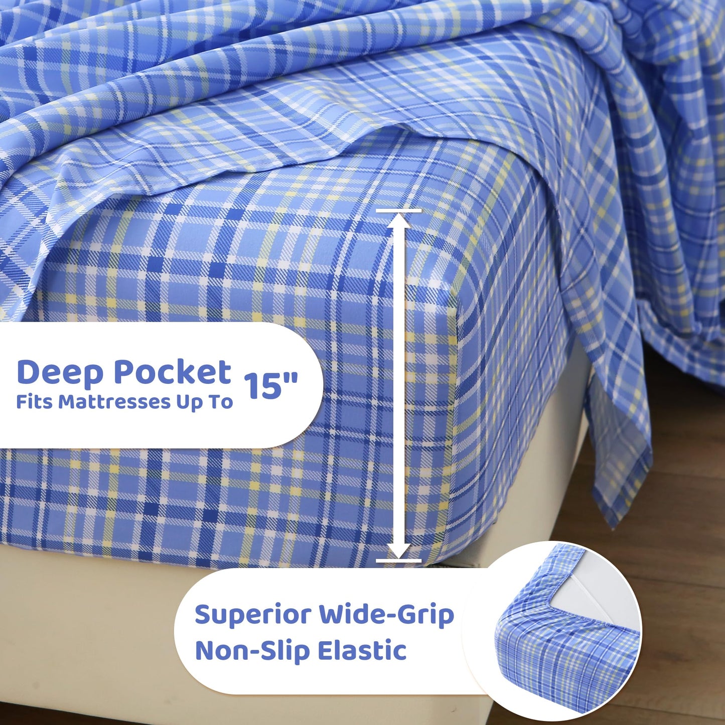 Mooreeke Cozy Plaid Microfiber Printed Queen Sheet Set - Soft & Breathable Purple Yellow Plaid Bed Sheets with Extra Deep Pocket - Non-Slip Fitted Design - Purple Yellow Square Plaid Pattern - Queen