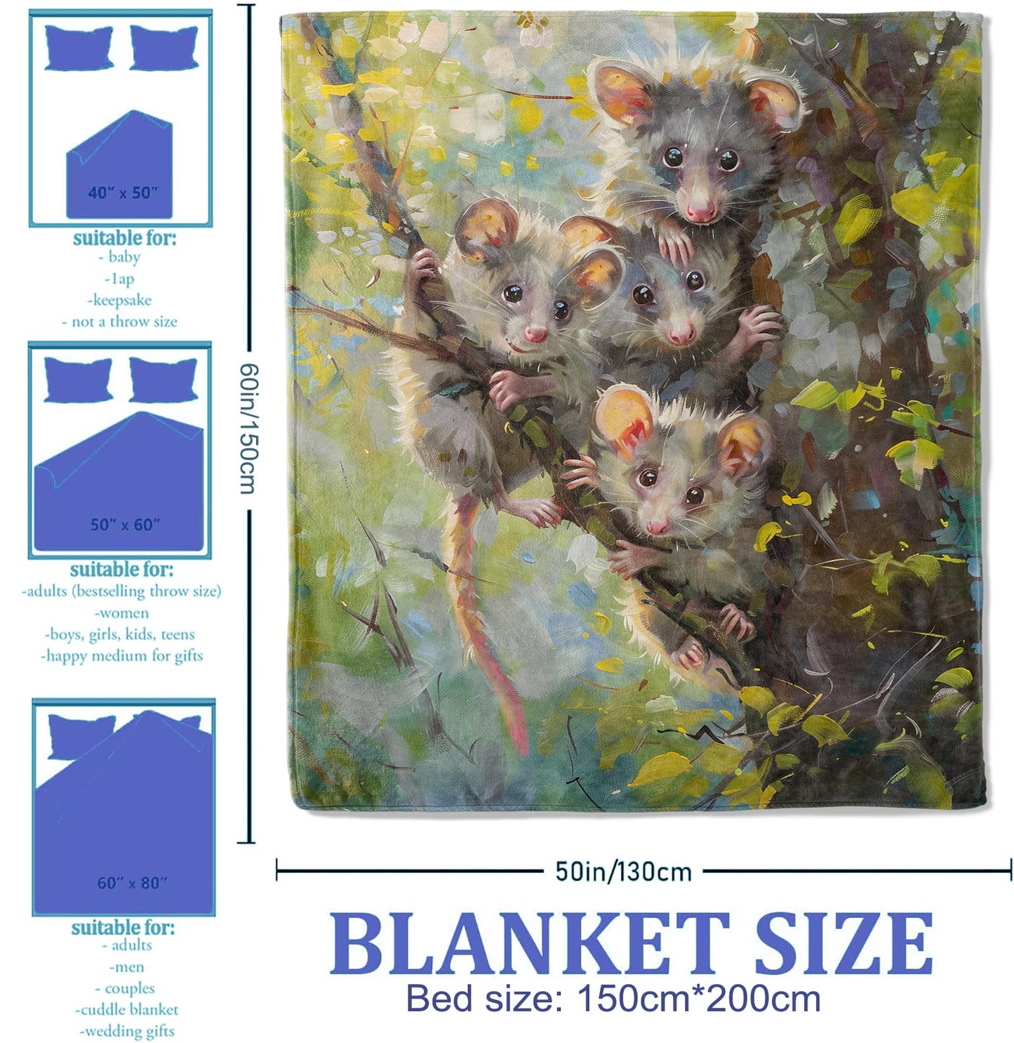 Plistiz Cute Possum Family Throw Blanket for Women Girls Boys, Soft Flannel Blankets Gifts for Living Room Couch, Home, Sofa Decor, 50"x60"