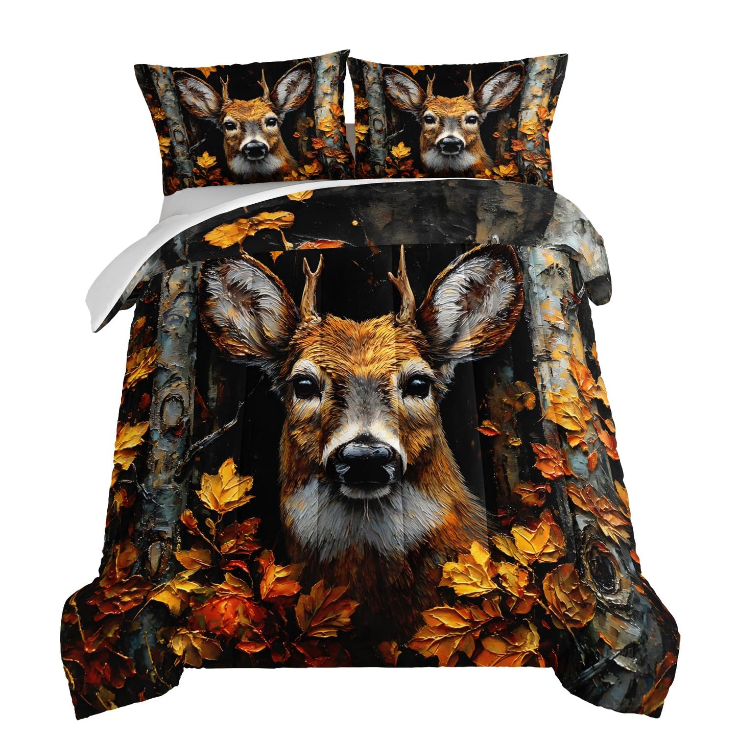 HOSIMA Deer Twin Comforter Set,Brown Deer in Forest Print Animal Bedding for Teens Boys Room Decor,Maple Leaves Pattern Hunting Themed Fluffy Wildlife Bedding Sets with 2 Pillowcases.