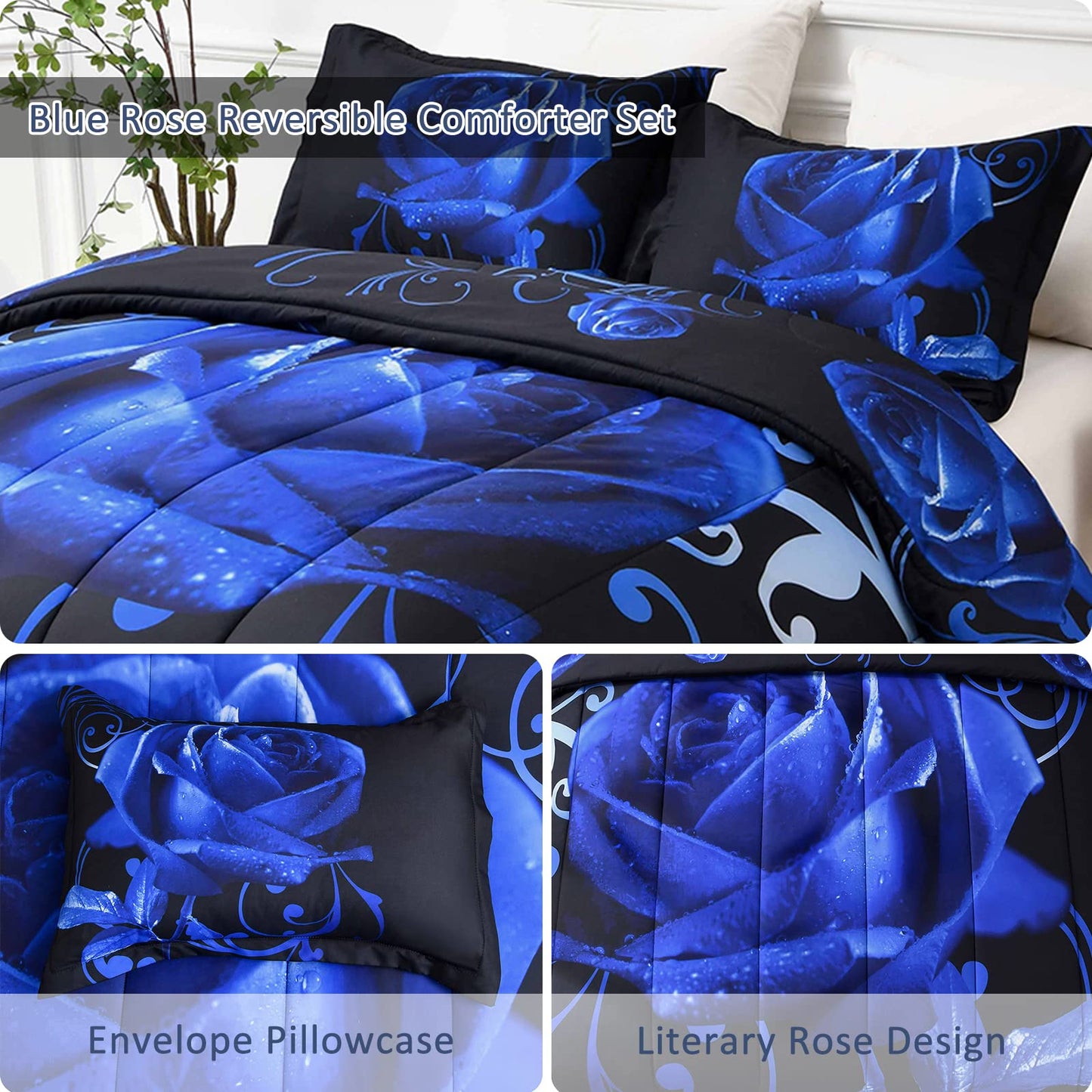 WONGS BEDDING Blue Comforter Set Queen, Reversible Blue Rose Pattern Printed Bedding Comforter Set with 2 Pillowcases for All Seasons, Soft Microfiber Filling Bedding Set 90"x90"