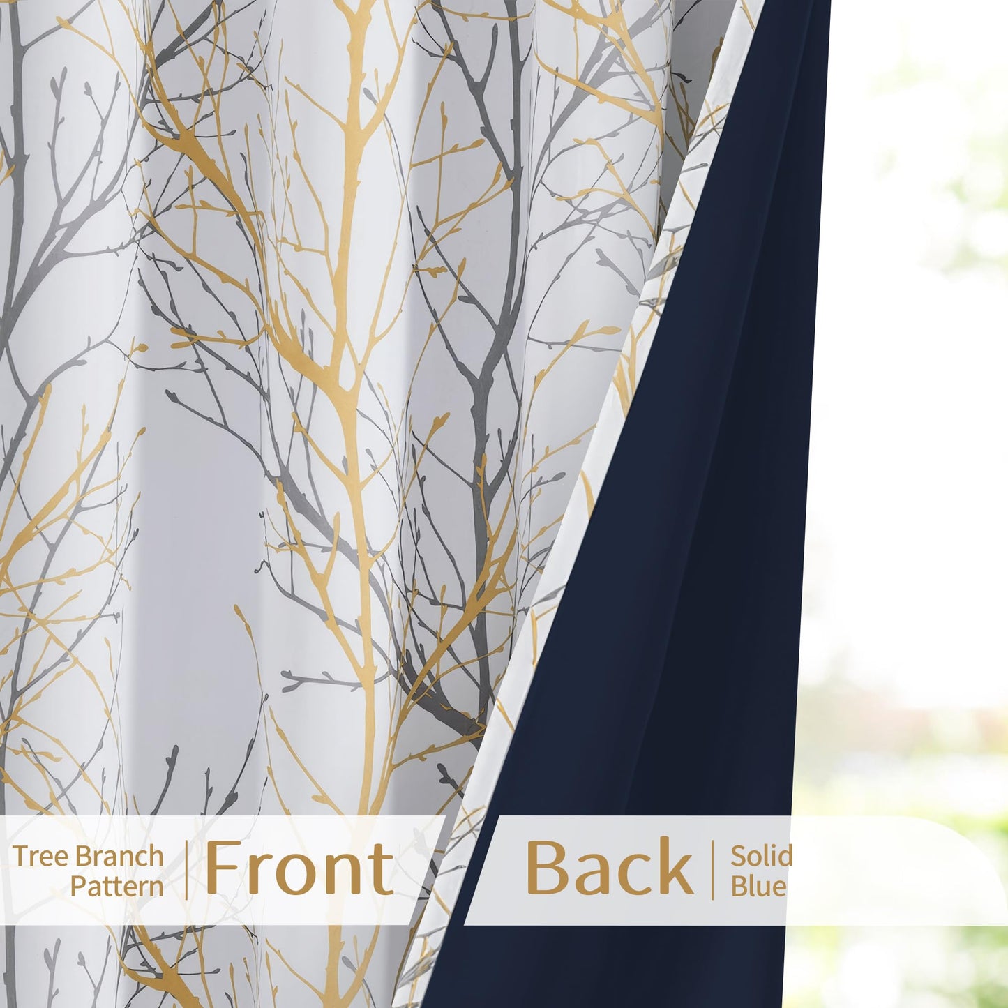 FMFUNCTEX 100% Blackout Yellow on White Tree Curtains for Bedroom, Curtains 84 Inches Long Branch Curtain Panels for Living Room, Room Darkening Thermal Insulated Window Drapes, Grommet Top 2 Panels