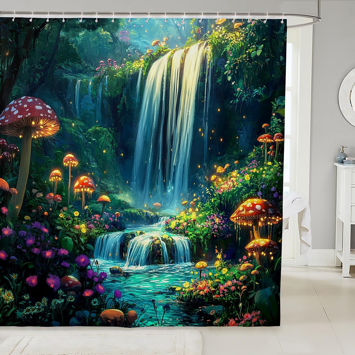 jejeloiu Cute Mushroom Shower Curtain 72"x78" Colorful Floral Mushrooms Bath Curtain for Boys Girls Teens Waterfall Bathroom Shower Curtain Set Waterproof Nature Landscape Kids Bathroom Accessories