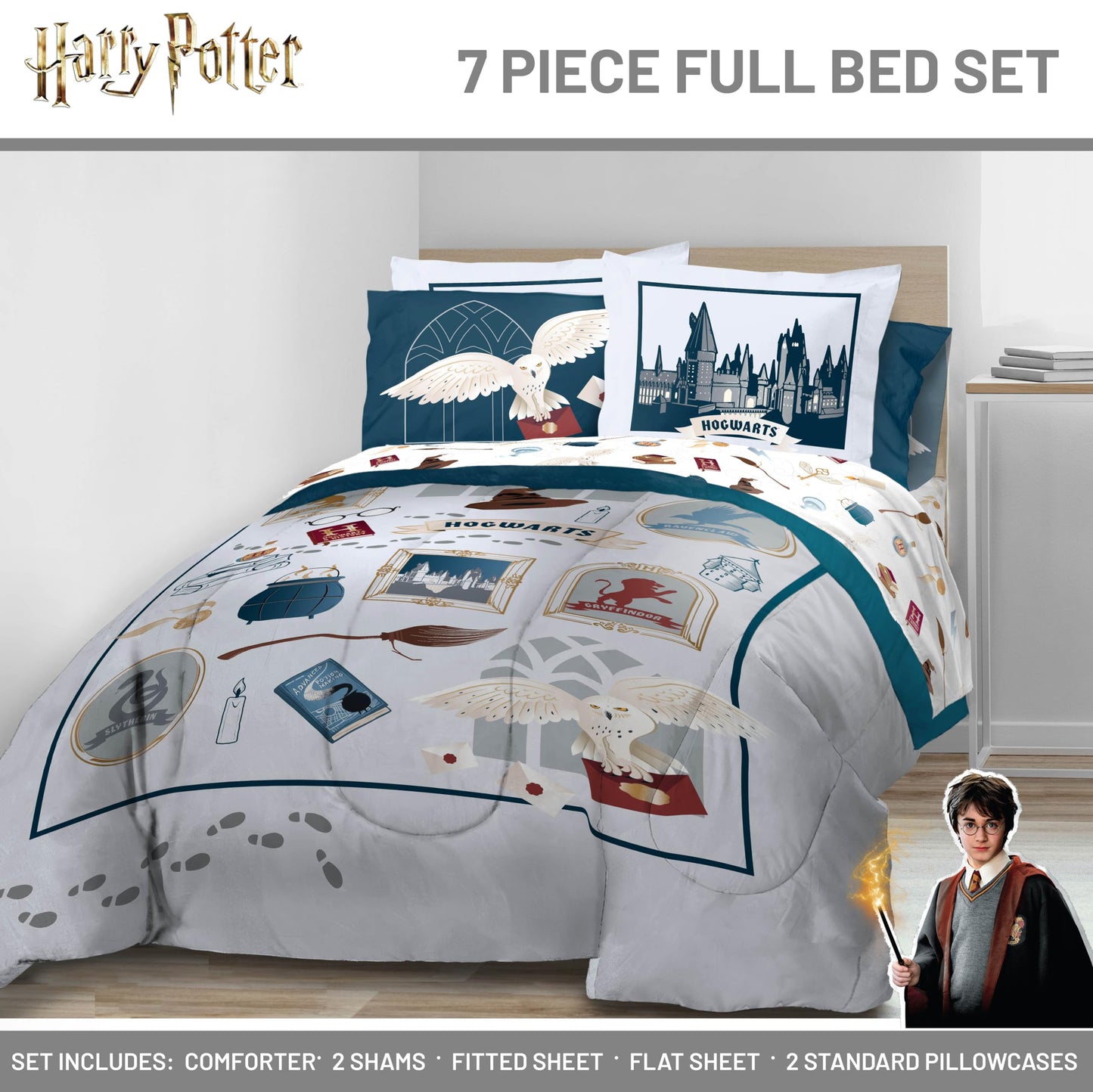 Jay Franco Kids Bed Set, Dark Grey, Harry Potter, 7 Piece Full