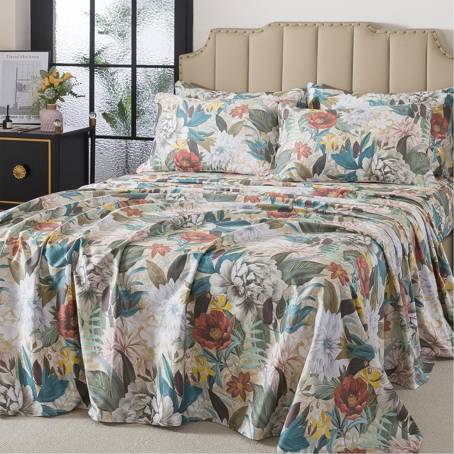 FADFAY California King Sheet Set, 100% Cotton Sateen Soft Breathable, Luxury Vintage Floral Bed Sheets, Deep Pocket Fitted Sheet, Classic Garden Style Bedding, 4 Pieces