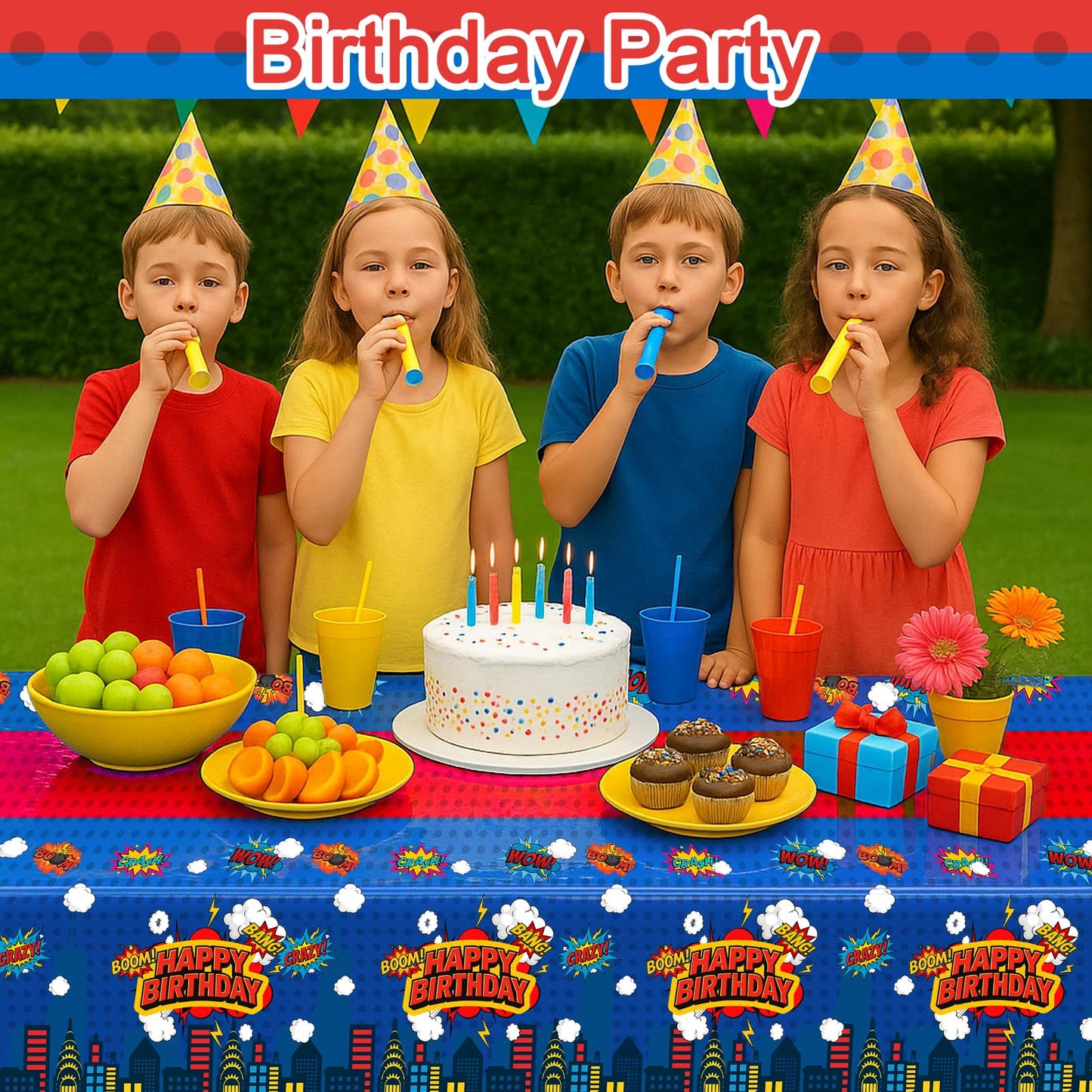 iCrius 3 Piece Party Tablecloth Rectangle Table Covers for Birthday Party Decorations, 108"x54" Plastic Table Cloth Disposable, Hero Themed Birthday Celebration Supplies Blue Skyscraper (3)