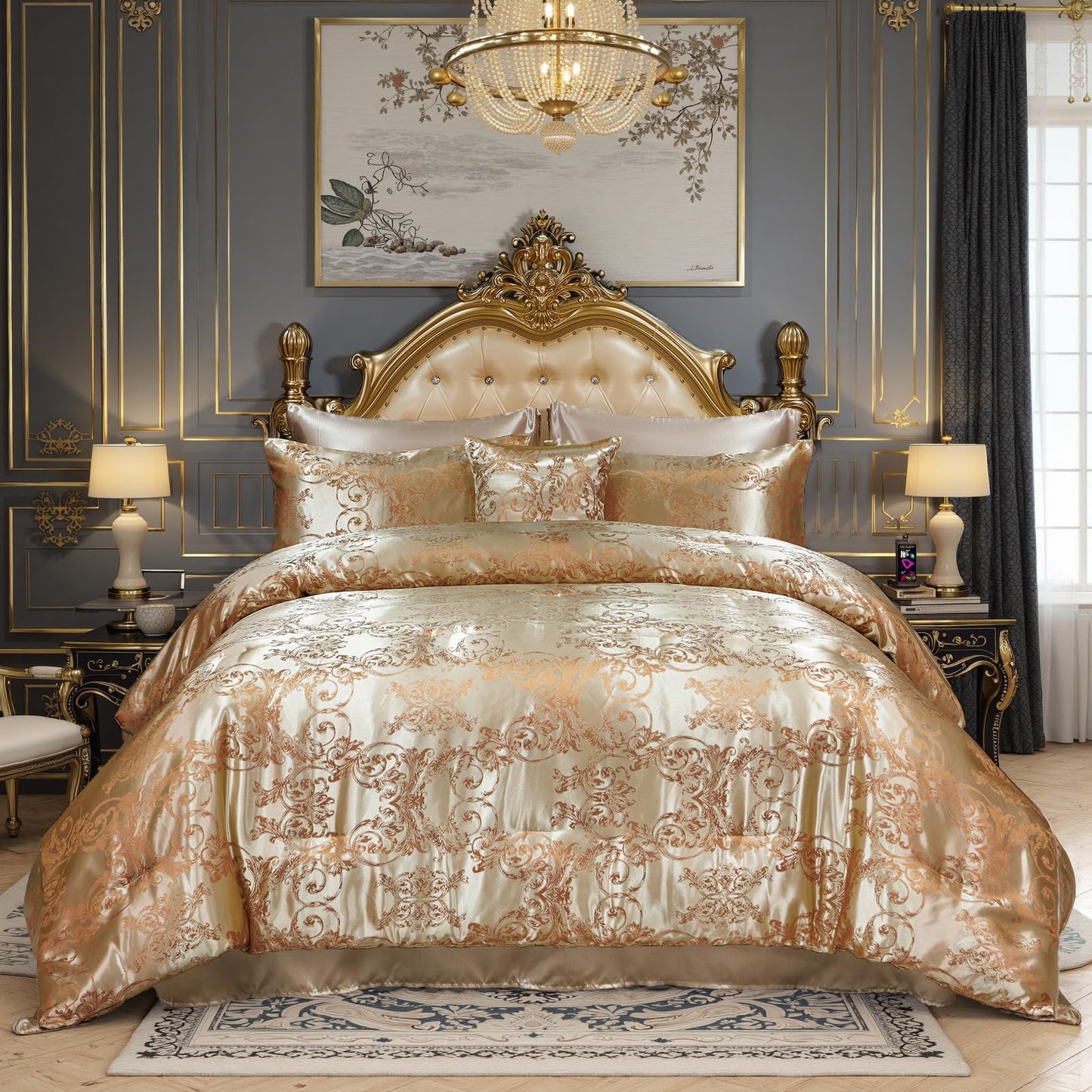 King Size 8-Piece Jacquard Comforter Set with Satin Sheets Set – Elegant Coordinated Bedding Collection for Bedroom Gold Bed-in-a-Bag