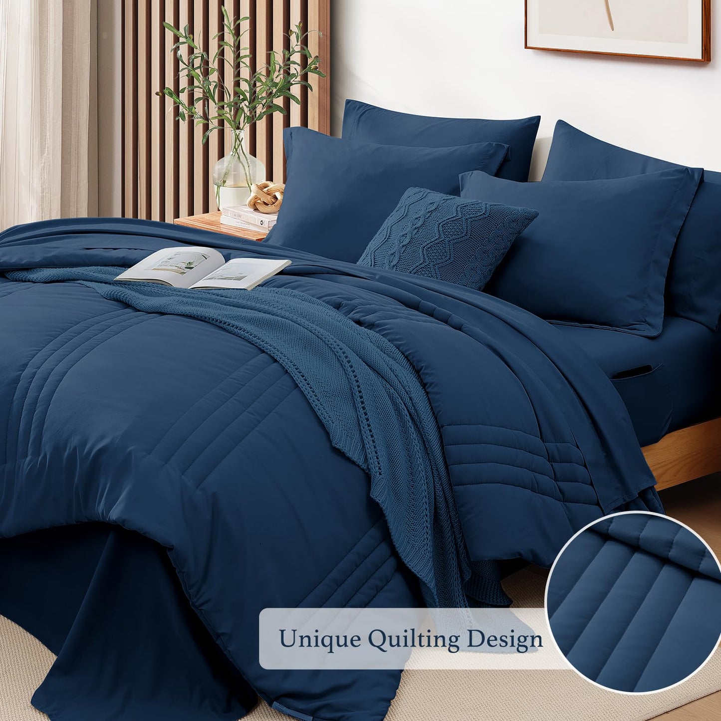 Monbix Queen Comforter Set - 7 Pieces Serenity Blue Bed in a Bag, Queen Size Bedding Sets with Comforters, All Seasons Comforter with Sheets,Pillowcases & Shams