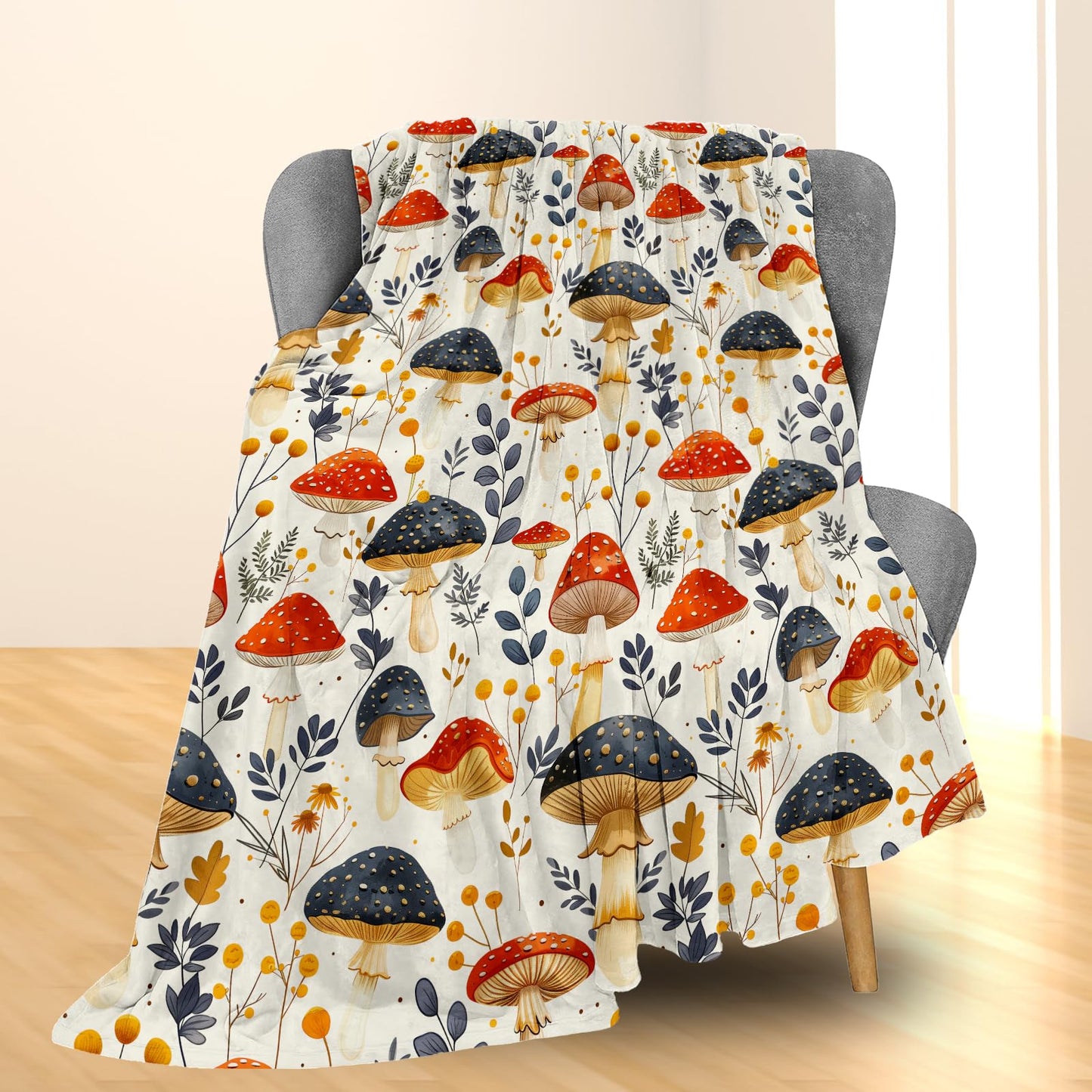 Ti Caldi Vibrant Mushroom Blanket | Soft Warm Fuzzy Lightweight Flannel Throw Blanket Perfect for Couch, Bed, Decor, Travel & Outdoor Use, Cozy Blankets for Adults Women Girls 60×50 in