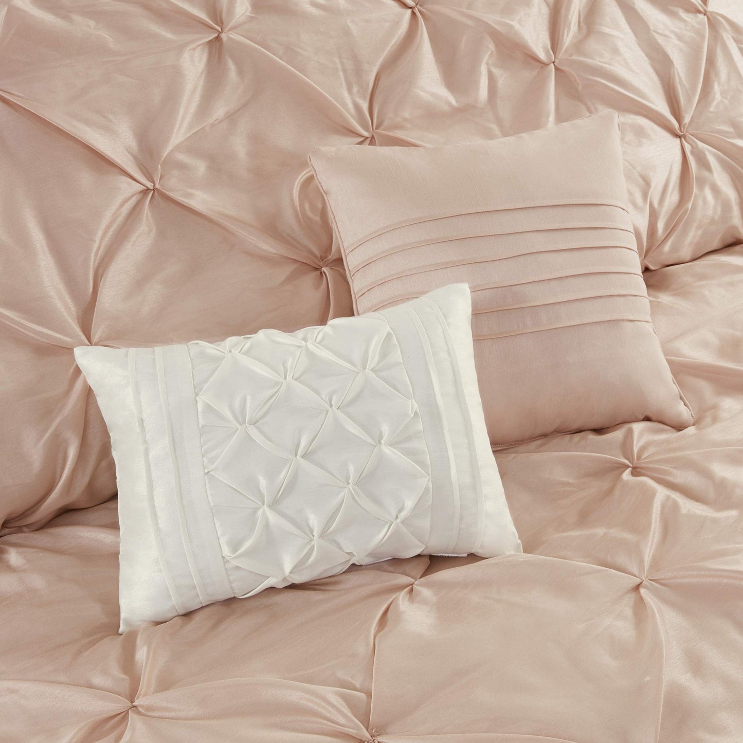 Madison Park Essentials Room in a Bag Faux Silk Comforter Set - Luxe Diamond Tufting All Season Bedding, Matching Curtains, Decorative Pillows, Blush King(104"x92") 24 Piece