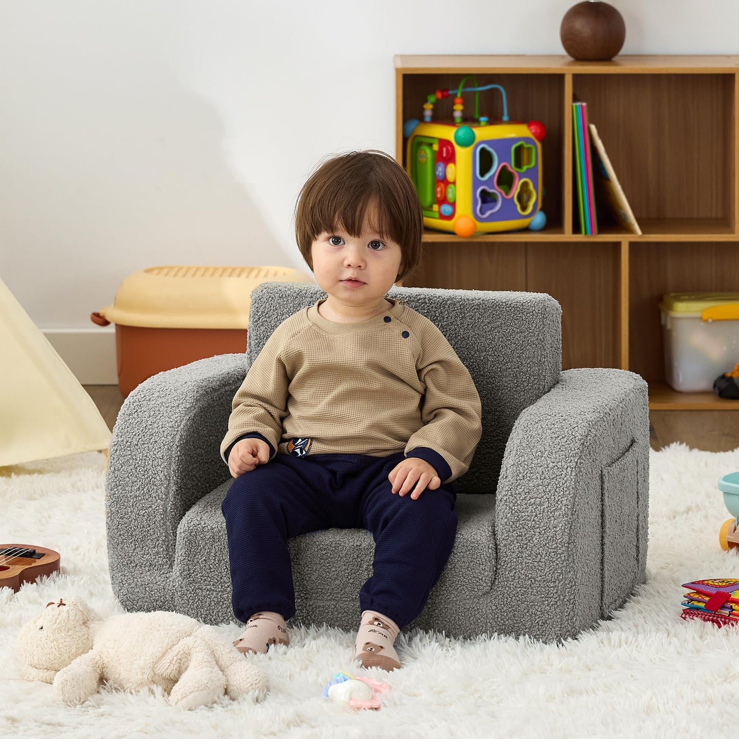 MuaMelop Toddler Couch, 2-in-1 Toddler Chairs Comfy 1-3 Years Old, Toddler Chair for Girls and Boys, Kids Couch Bed Fold Out, Convertible Baby Sofa to Lounge Chair for Playing, Reading, Napping, Grey