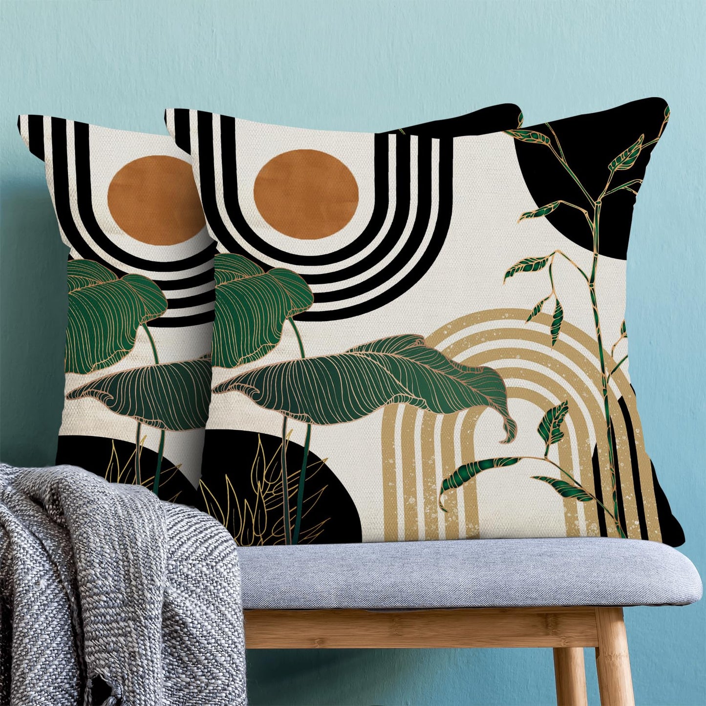 BETGINY Black Green Orange Boho Pillow Covers 18x18 Inch 2 Pcs,Tropical Leaf Summer Outdoor Decorative Throw Pillows,Mid Century Abstract Farmhouse Decor Pillowcase Linen Cushion Cover for Couch Sofa