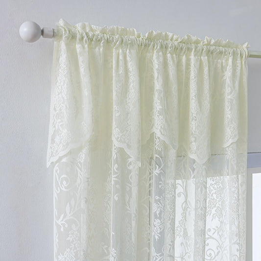 WUBODTI Cream Lace Curtains with Valances Attached 63 Inches Long 2 Panels, Vintage Floral Patterned Semi Sheer Curtain with Valance Rod Pocket Lace Drapes for Bedroom Living Room, Ivory