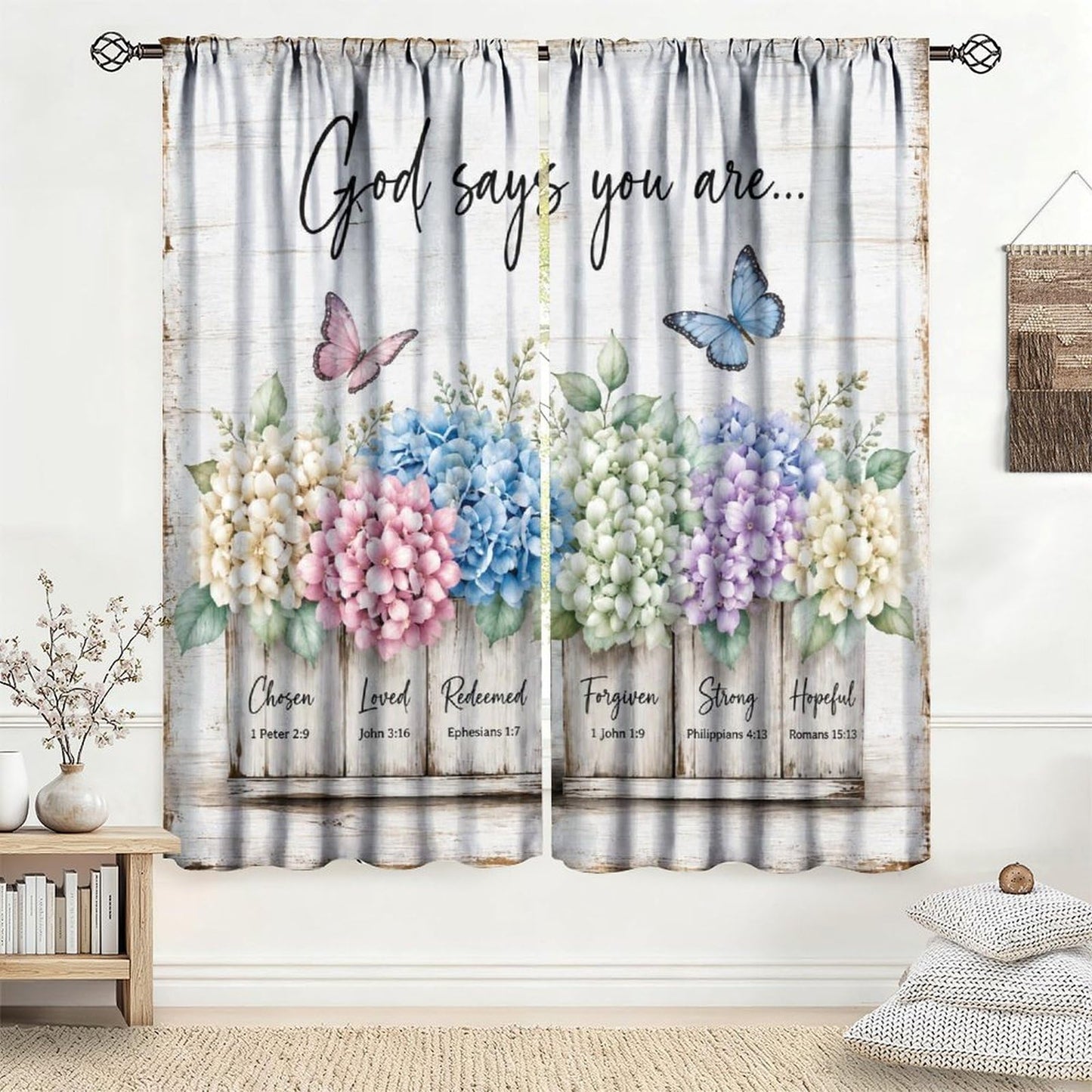 Tificats Farmhouse Kitchen Curtains,Modern White Cafe Hydrangea Flower Inspirational Quotes Blackout Rod Pocket Window Treatment for Dining Room Bathroom Laundry Room21 W x 45" L (Pack of 2)