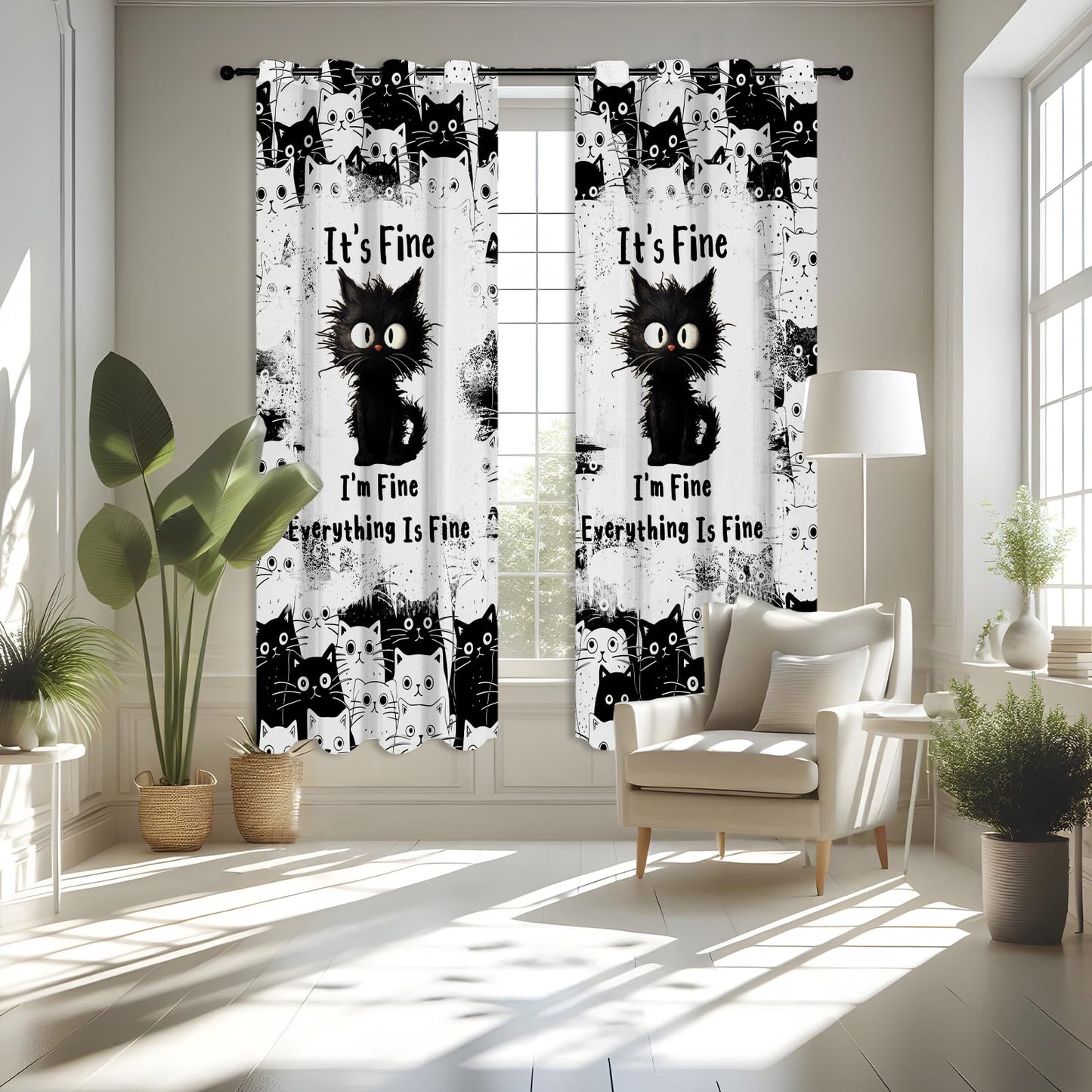 SIOQCKIS Cute Cat Curtains for Bedroom, Funny Black Cats Curtains for Windows, It's Fine Cat Kitchen Curtain Kitten, 52 x 84 Inch Long 2 Panels Gifts for Cats Lovers Window Decor Bathroom