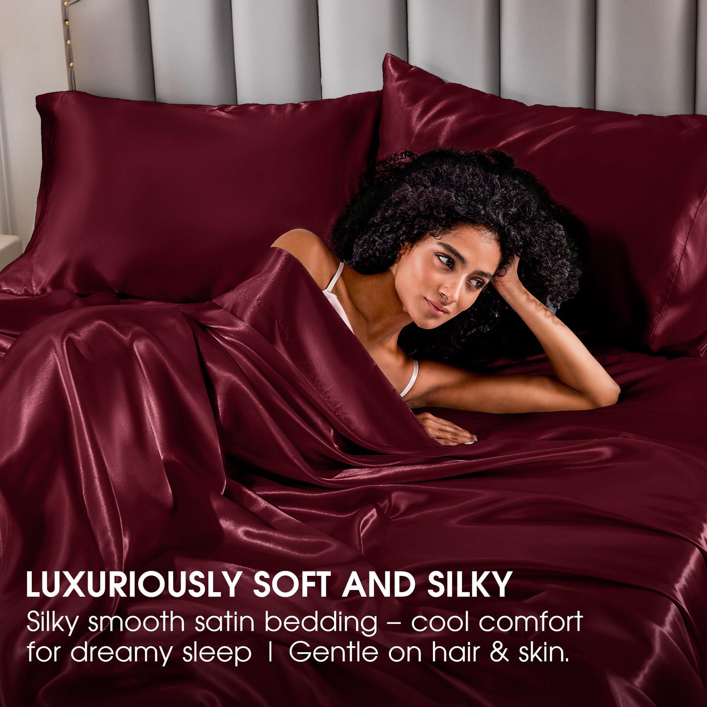 FreshCulture Satin Sheets Full Size - 4 Piece Luxury Soft Silky Full Size Bed Sheets, Similar to Silk Bed Sheet Set with 1 Deep Pocket Fitted Sheet, 1 Flat Sheet & 2 Pillowcases (Burgundy)