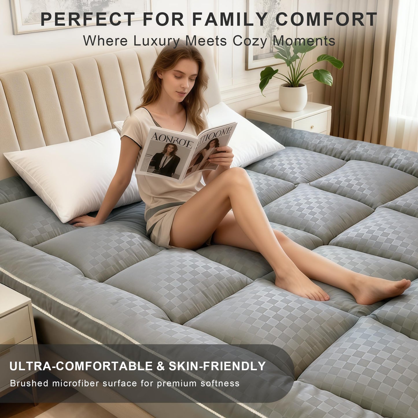 3In Memory Foam Mattress Topper Queen Size Extra Thick for Back Pain Relief, Breathable & Cool for Hot Sleepers, Soft Pillow Top with 8″-21″ Deep Pocket, Non-Slip for Adjustable Beds, Queen 60"*80"