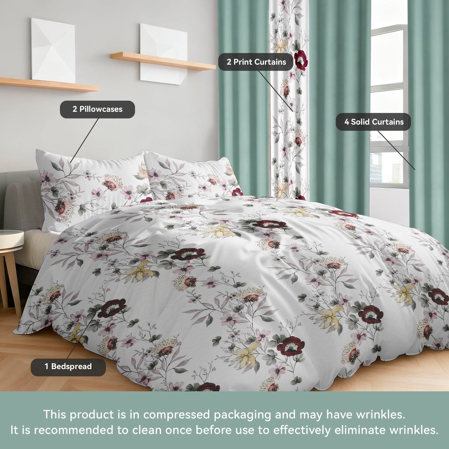 Deepsleep King Bedspread Set 9 Pieces, All Season Luxury Bed in a Bag for Bedroom, with 2 Pillowcases and 6 Curtains, Ultra-Soft Microfiber for Complete Bedroom Decor, Green Flowers
