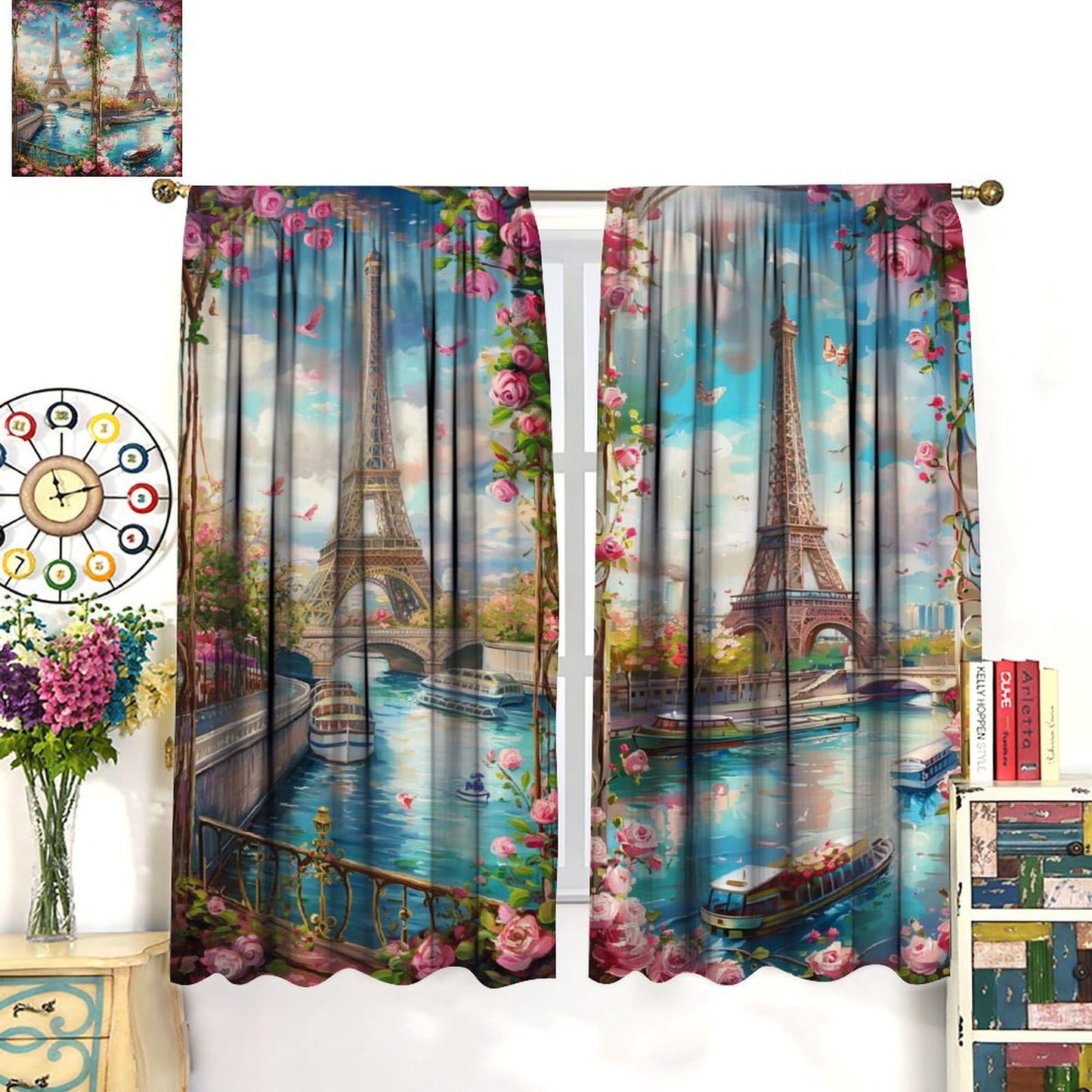AAVEUP Eiffel Tower Curtains for Girls,Dreamy Pink Flower River Paris European Cityscape Oil Painting Window Treatments for Kids Room Women Bedroom Living Room 41x44.5in