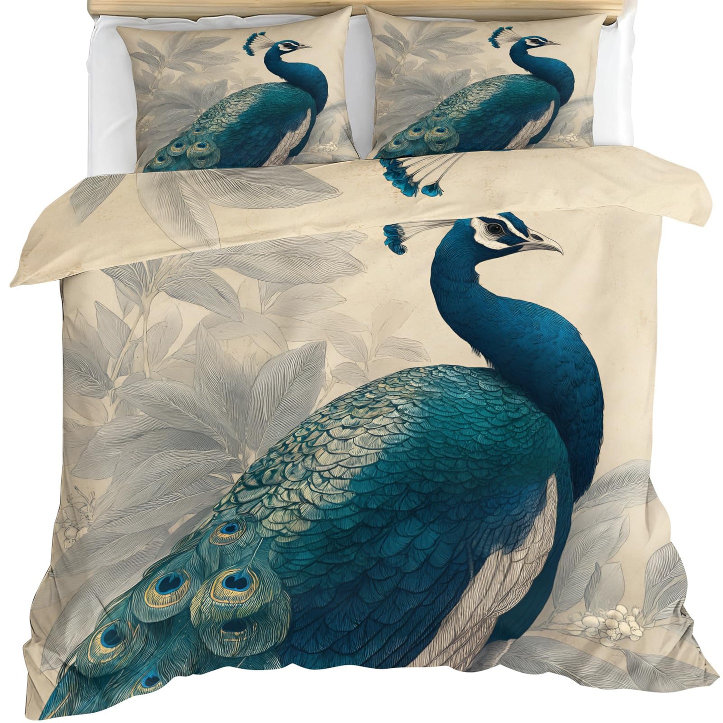 Blue Peacock Duvet Cover Twin Size, Teal Peacock Feather Comforter Cover 68" x 90" & 2 Pillowcases, Elegant Birds Bedding Set with Zipper Ties