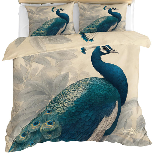 Blue Peacock Duvet Cover Twin Size, Teal Peacock Feather Comforter Cover 68" x 90" & 2 Pillowcases, Elegant Birds Bedding Set with Zipper Ties