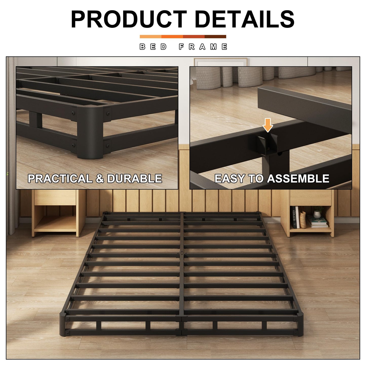 EMODA 5 Inch Box Spring Queen Size Bed Base, Heavy Duty Metal Queen Mattress Foundation with Fabric Cover, Easy Assembly, Black