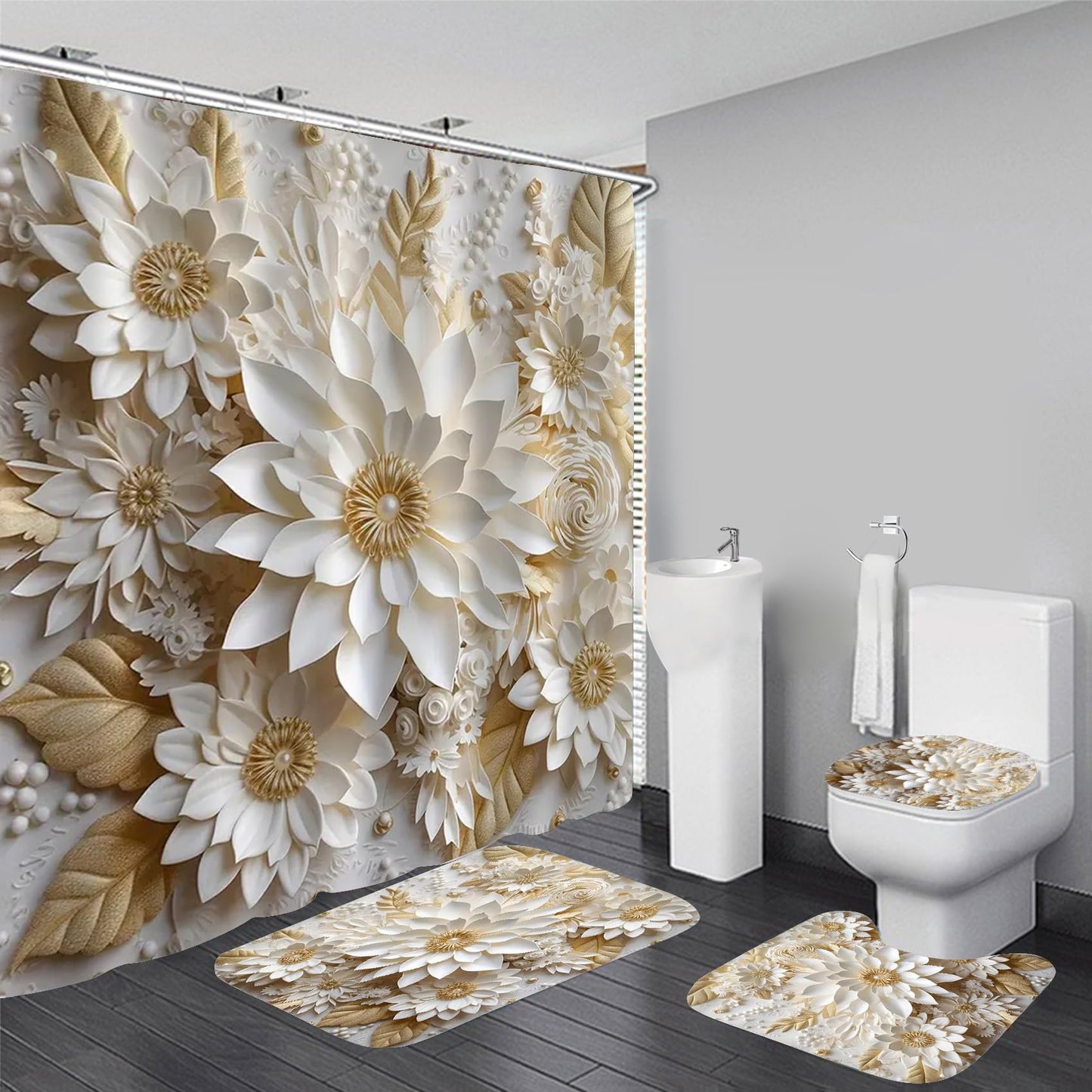 Chrainy 4Pcs 3D Floral Shower Curtain Sets Elegant White Blossom Flowers Bathroom Accessories Set Modern Minimalism Waterproof Spring Bathroom Decor with Rugs and 12 Hooks