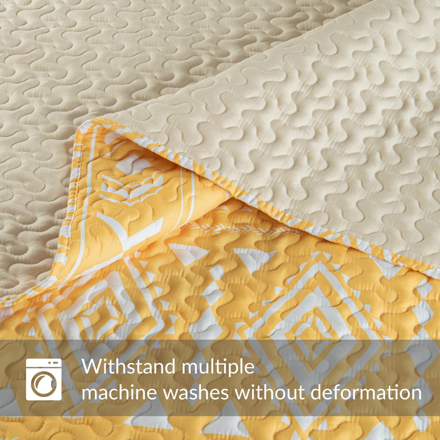Whale Flotilla Full Queen Size Quilt Set - Reversible Yellow Quilts Queen Size with 2 Pillow Shams, Lightweight Boho Striped Bedspreads Coverlet Bedding Set for All Seasons