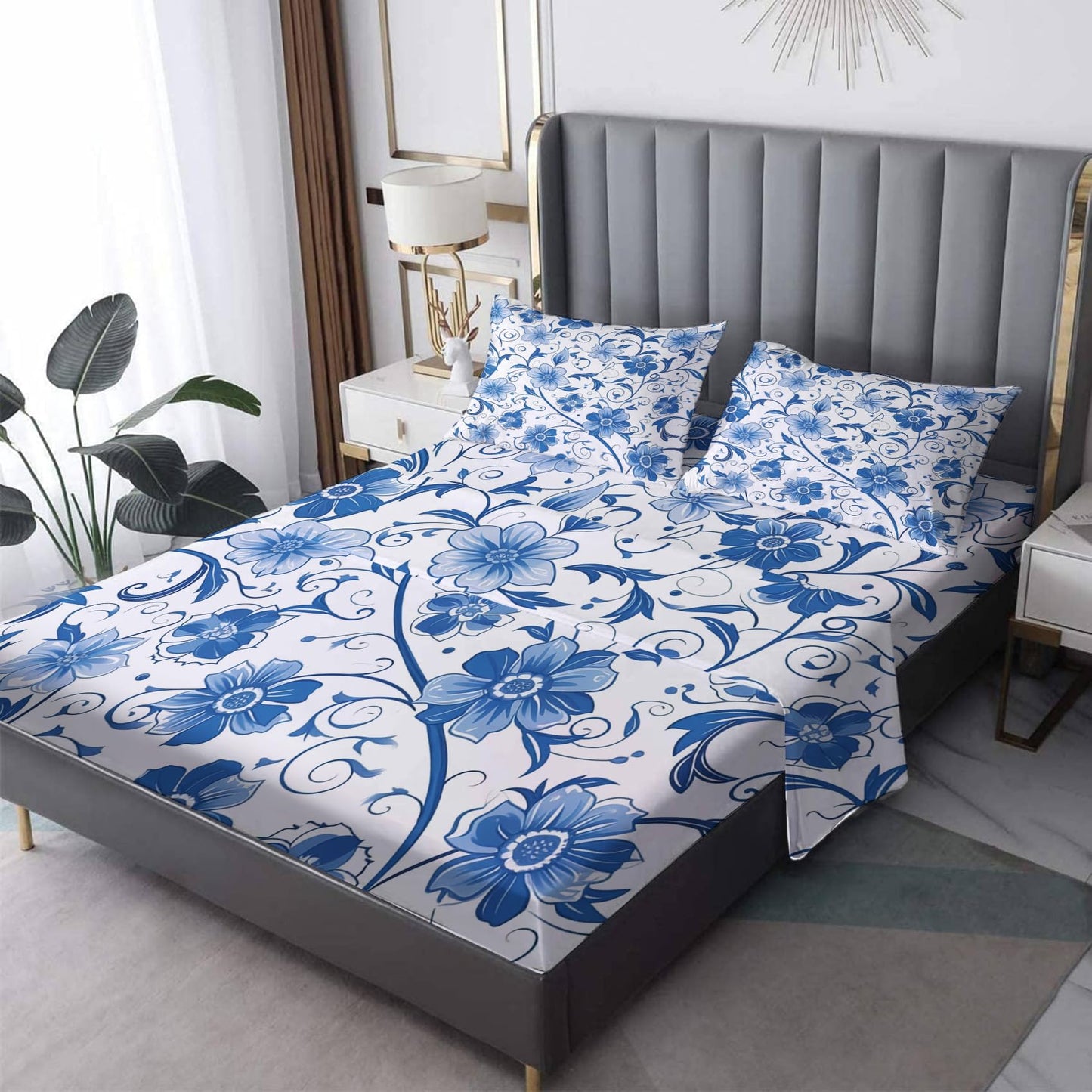 NOGAWA Blue Floral Sheets Queen Size, Flower Botanical Bed Sheets, Patterned Bedding Sheets & Pillowcases 4 Piece Set - Soft Microfiber Deep Pocket Fitted Sheet & Flat Sheet & 2 Pillow Cases