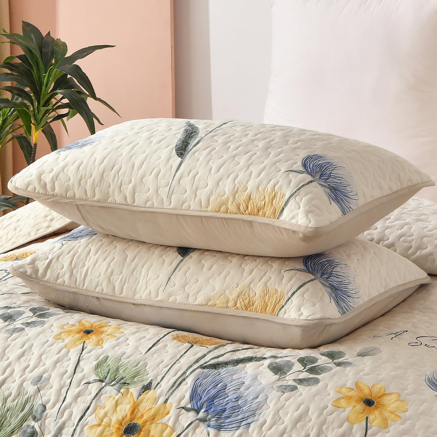 DinjoyBeige Quilt Set Queen,3 Pieces Colorful Floral Printed Bedspread Set,Soft Microfiber Reversible Bedding Coverlet for All Seasons